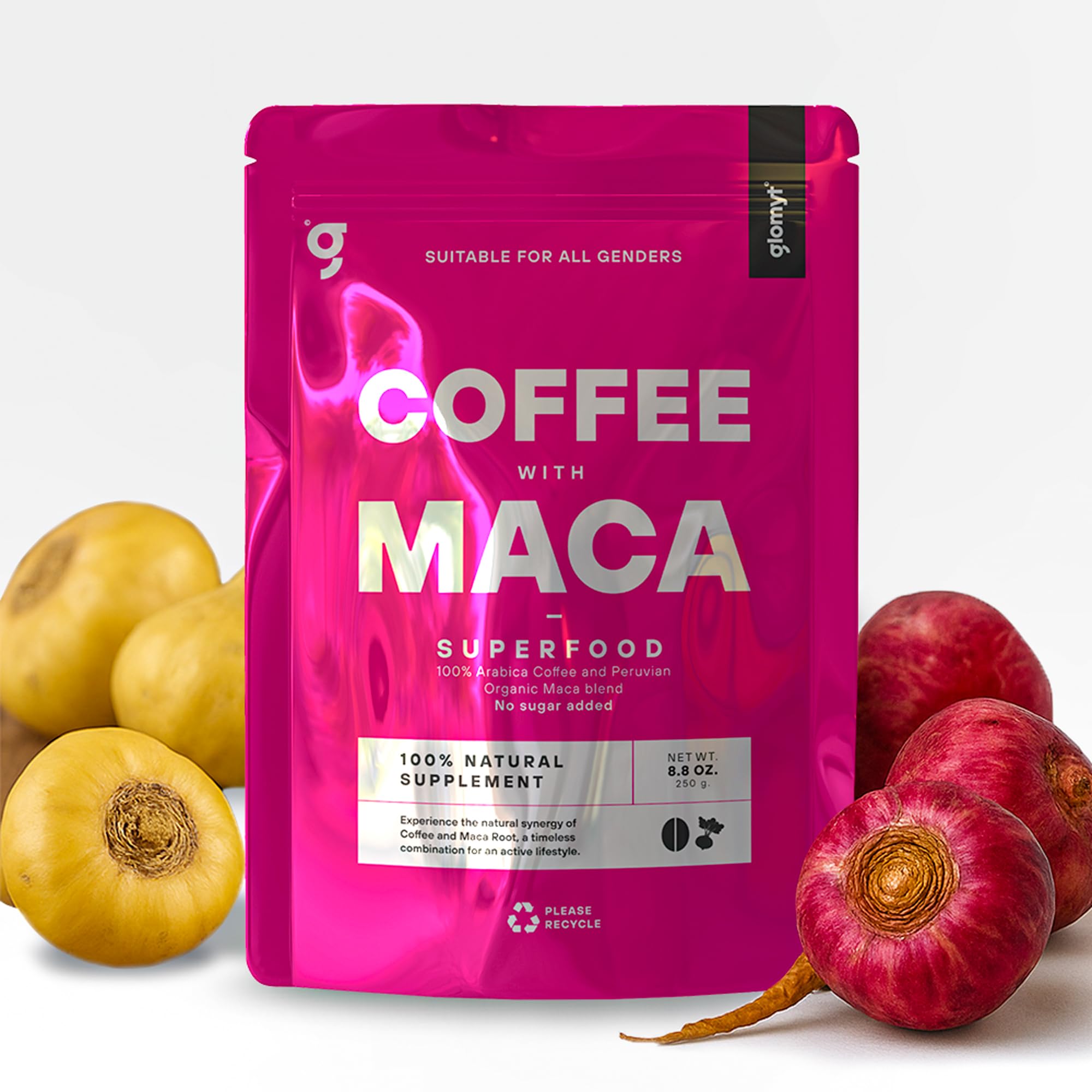 Ground Coffee with Peruvian Root Maca | Adaptogenic Energy Boost | Hormone Balance & Mood Support | Filtered Medium-Dark Roast | 250g - Glomyt Coffee