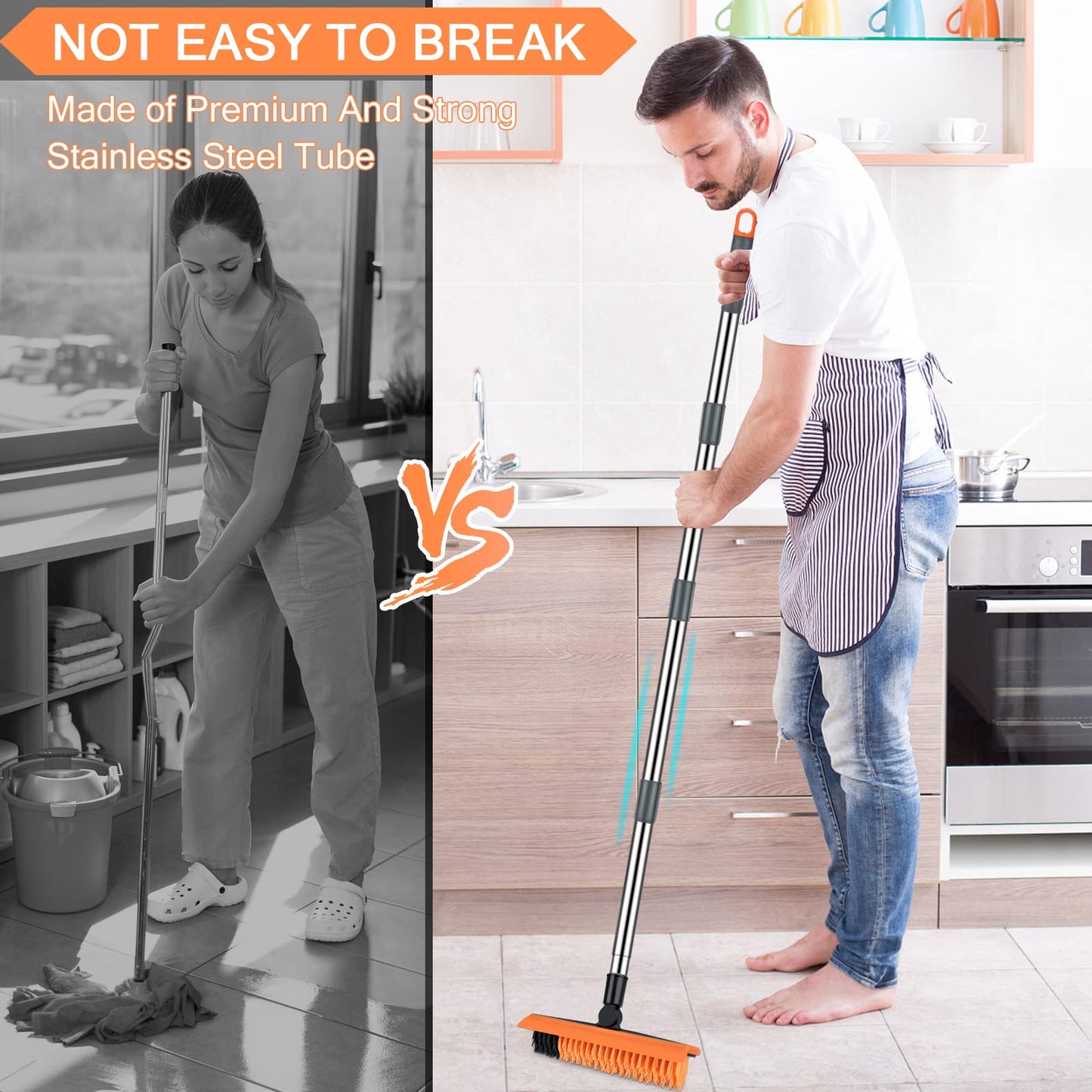 2 in 1 Floor Brush Scrubber with Long Handle Telescopic 3 Poles 61.8'' Grout Brush Scrape Stiff Bristle Cleaning Scrub Brush with Squeegee