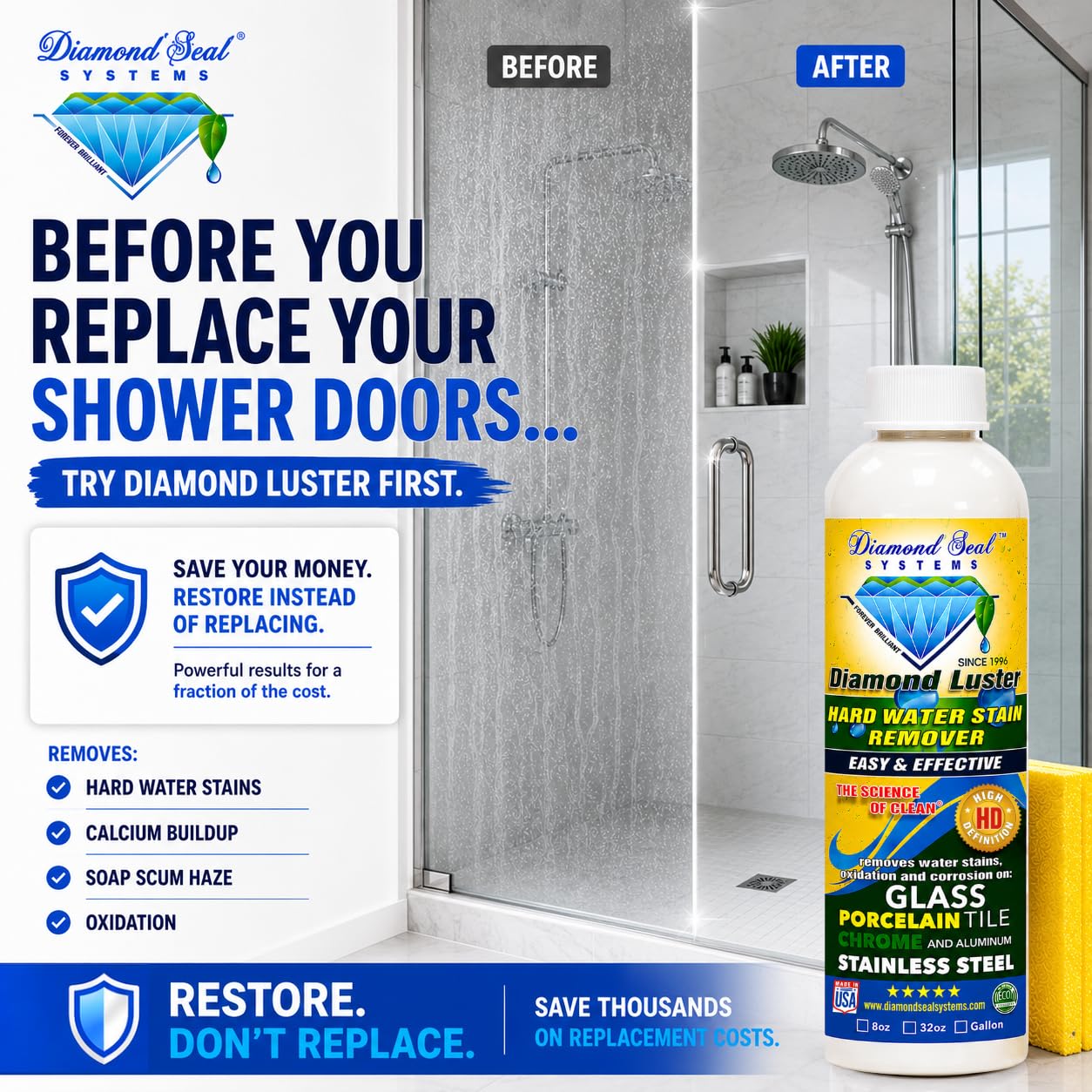Diamond Luster Hard Water Stain Remover for Glass Shower Doors - Non Abrasive Shower Glass Cleaner for Hard Water Spots, Soap Scum & Calcium Buildup