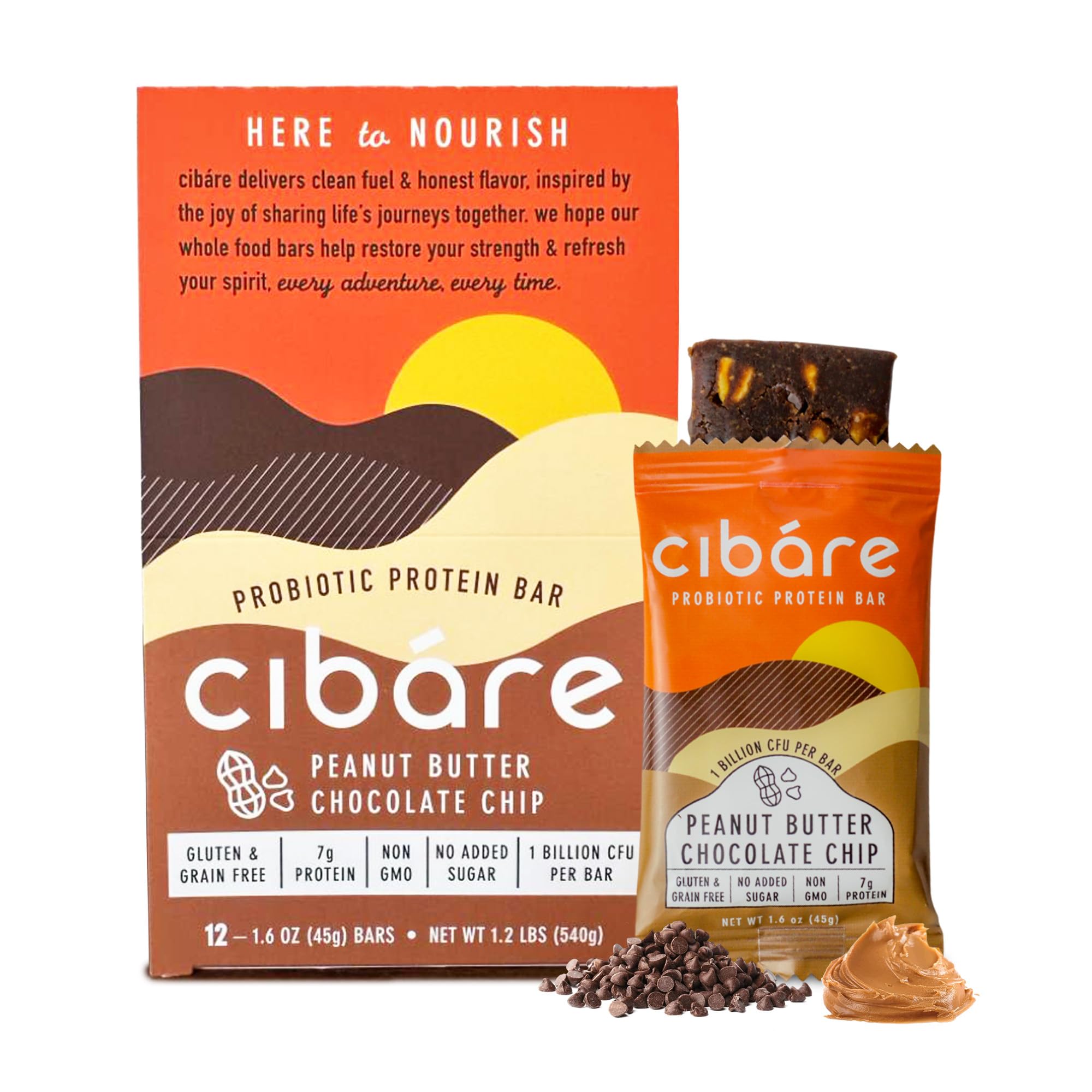 Cibare Plant-Based Energy Bar - Powered by 1 Billion Probiotics, Gluten-Free, Vegan Fruit Snack, No Added Sugar, Soy-Free, Peanut Butter Chocolate