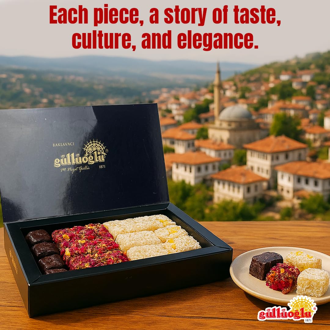 Güllüoglu Gourmet Delight Series: Sultan’s Confections Assorted Turkish Delight, 8.8oz - 250gr (Pack of 1), Chocolate-Pistachio-Bergamot-Orange-Rose