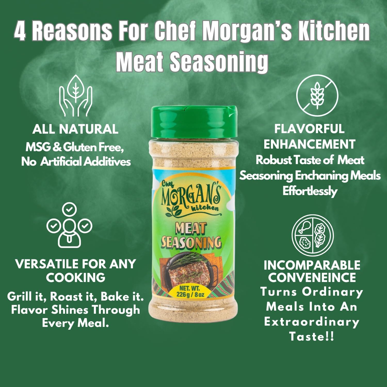 Chef Morgan’s Kitchen Meat Seasoning - 8oz Jamaican Dry Rub with Herbs & Spices - MSG & Gluten Free - Bold Flavor for Chicken, Beef & Steak - Perfect