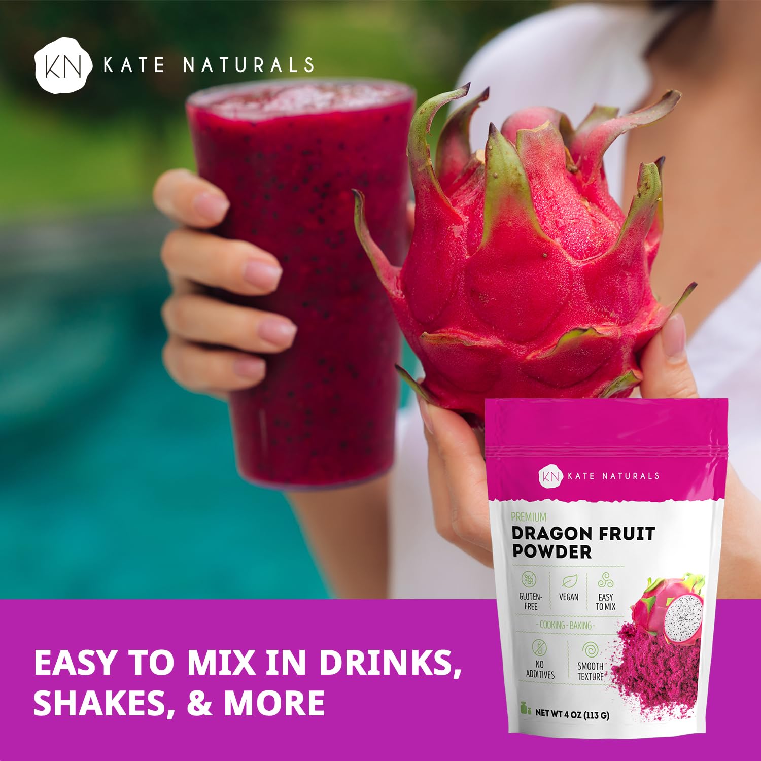 Kate Naturals Dragon Fruit Powder for Baking & Drinks (4oz). Vegan, Gluten Free Dried Pink Pitaya Powder for Dragonfruit Syrup, Smoothies & Food