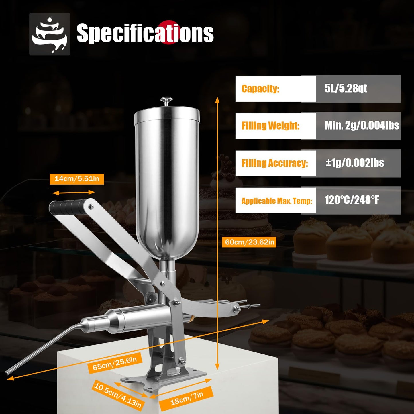 Donut-Filling Machine, 5L Manual Filling Machine Cream Jam Filling Machine, Stainless Steel Donut Churro Filler with 4 Anti-Drip Filling Nozzles