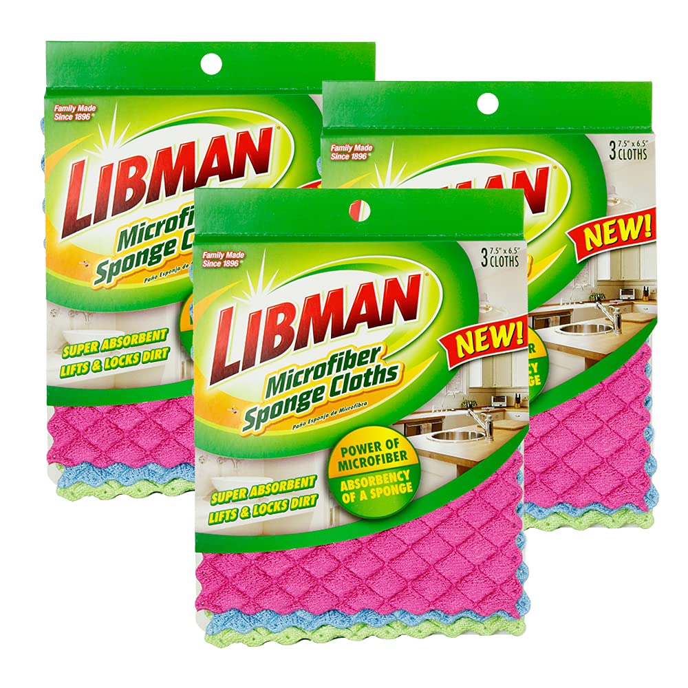 Libman 1482 Microfiber Sponge Cloths - Combines The Best of a Sponge and Dish Cloth, Includes 3 Packs of 3 Sponge Cloths (9 Total Sponge Cloths)