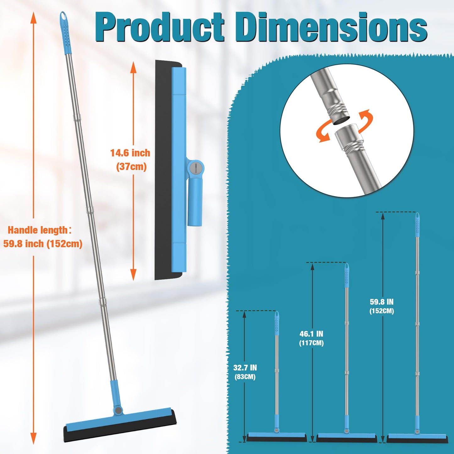 KOLLIEE Floor Squeegee Adjustable 59'' Long Handle Professional Floor Squeegee with Hook Water Squeegee Foam Blade for Concrete Floor Tile Pet Hair