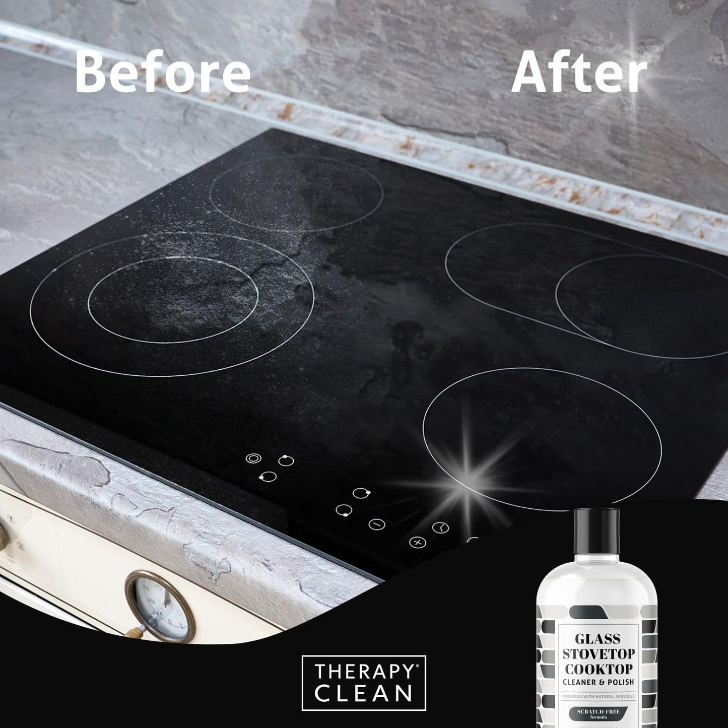 Therapy Glass Cooktop Cleaner Kit - 16oz with Scraper & 3 Non-Scratch Pads - For Electric, Induction, Ceramic & Gas Stove Top - Heavy Duty Flat Top