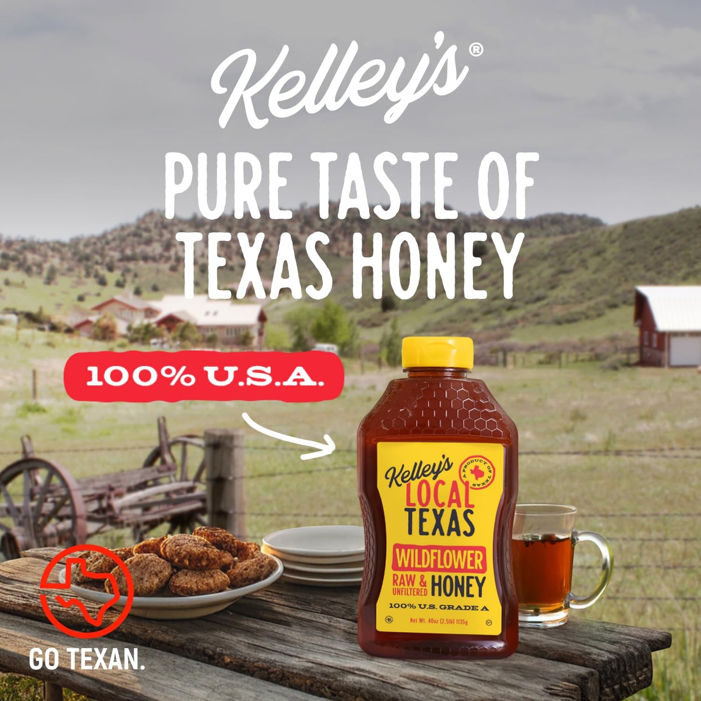 Kelley's Local Texas Wildflower Honey 40 oz - 100% Pure, Raw and Unfiltered - All-Natural American Honey for Tea, Baking, Yogurt, Toast & BBQ, Squeeze Bottle