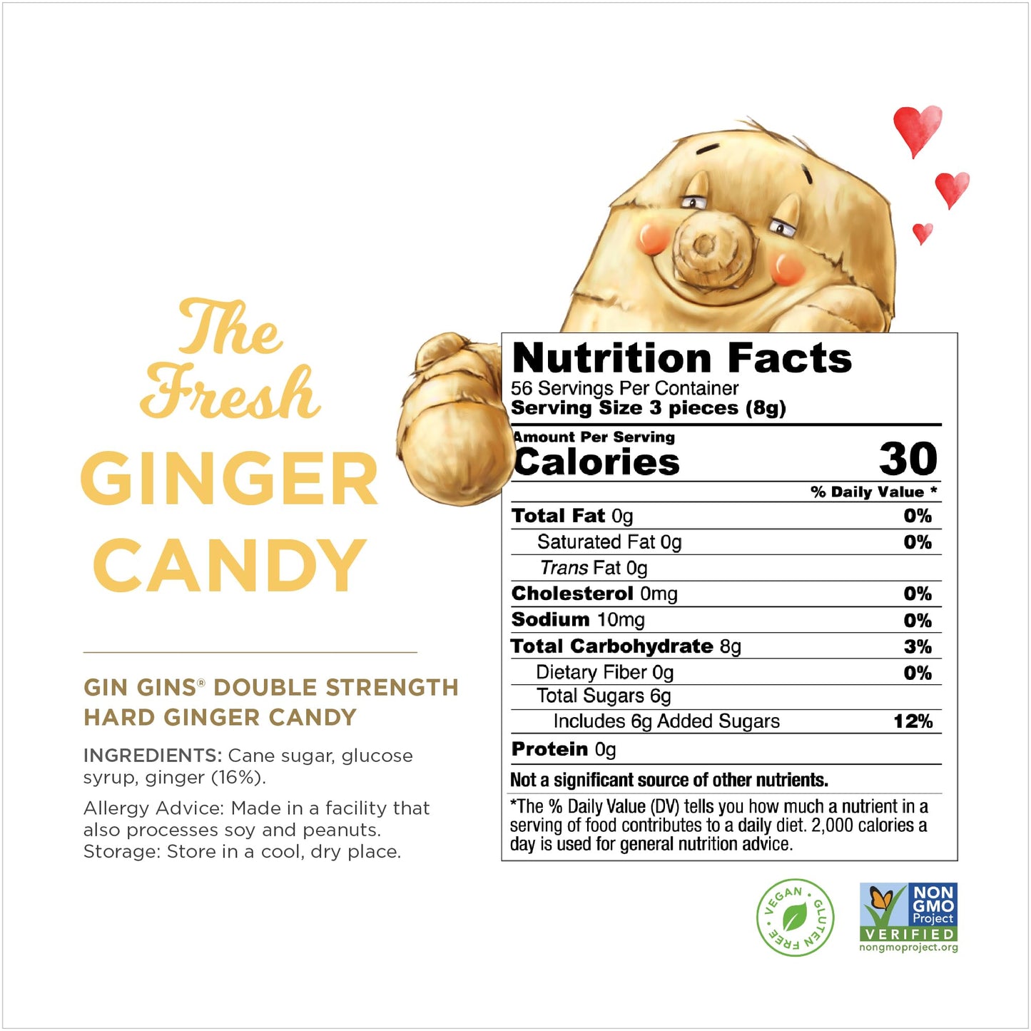 GIN GINS Double Strength Ginger Hard Candy - Natural Ginger Candy by The Ginger People - Individually Wrapped Healthy Candy - Double Strength Flavor
