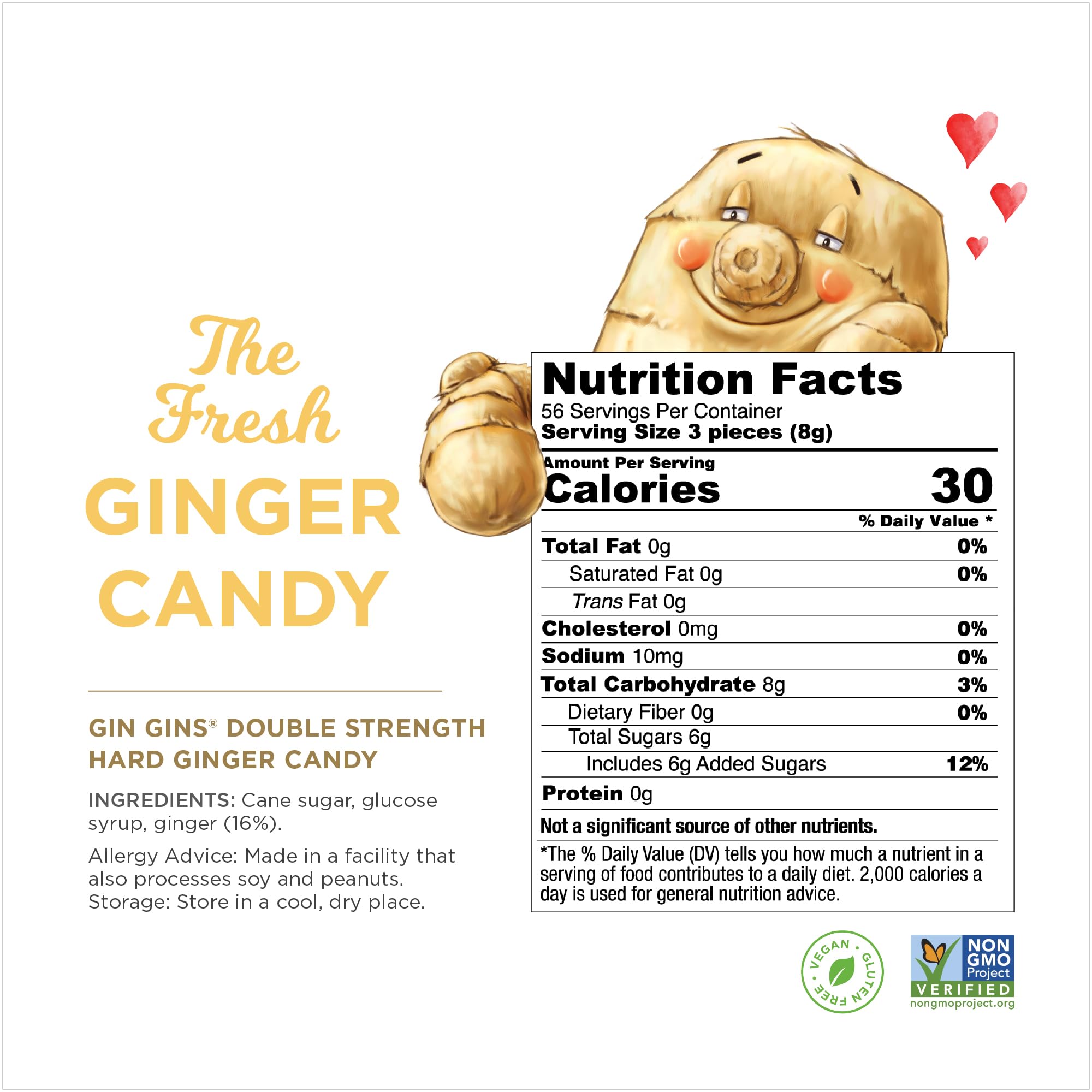 GIN GINS Double Strength Ginger Hard Candy - Natural Ginger Candy by The Ginger People - Individually Wrapped Healthy Candy - Double Strength Flavor