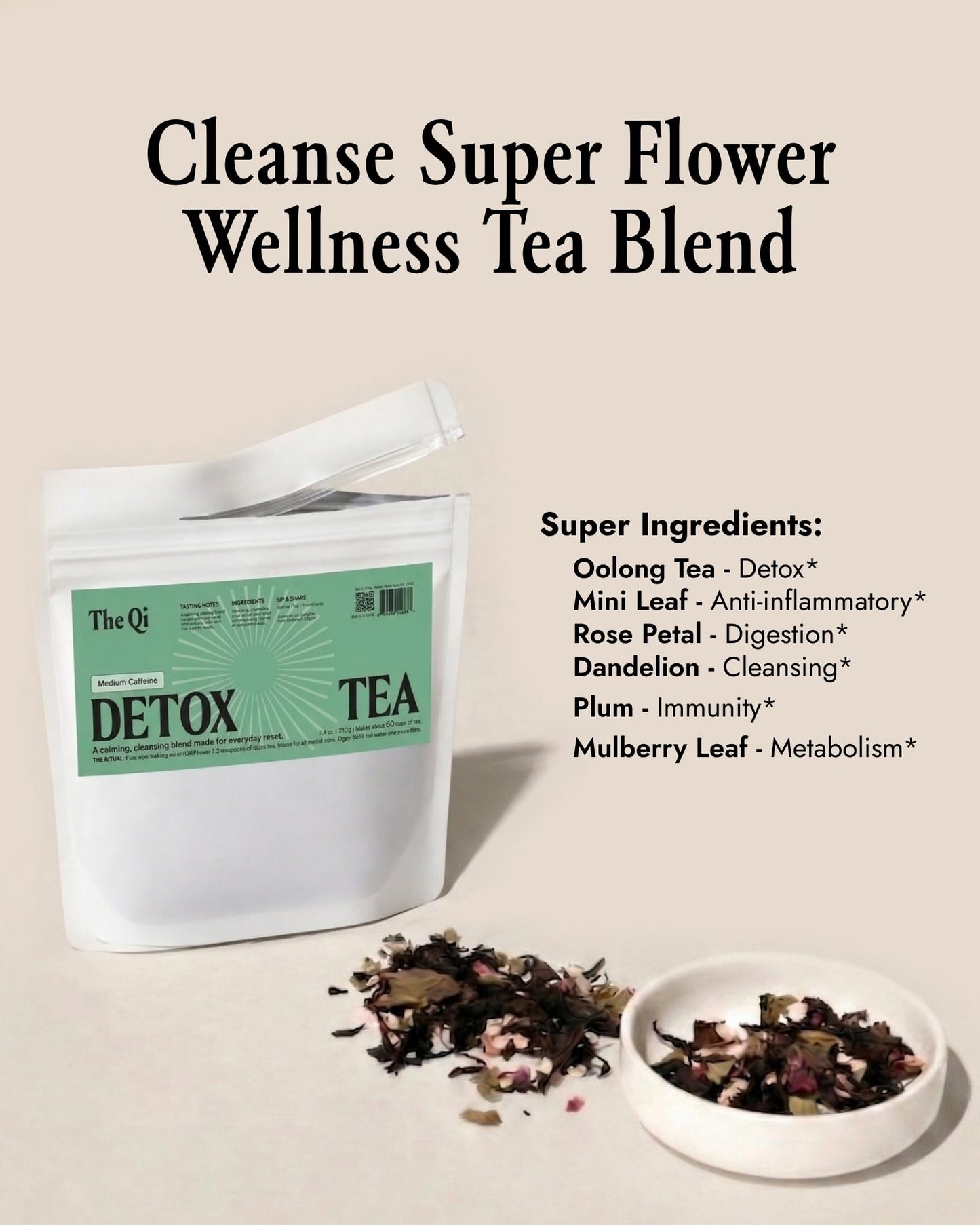 The-Qi Detox Tea Blend - 100% All Natural Dried Flowers & Loose Herbs for Cleanse & Wellness - Oolong Tea, Mulberry & Mint Leaves, Rose Petals