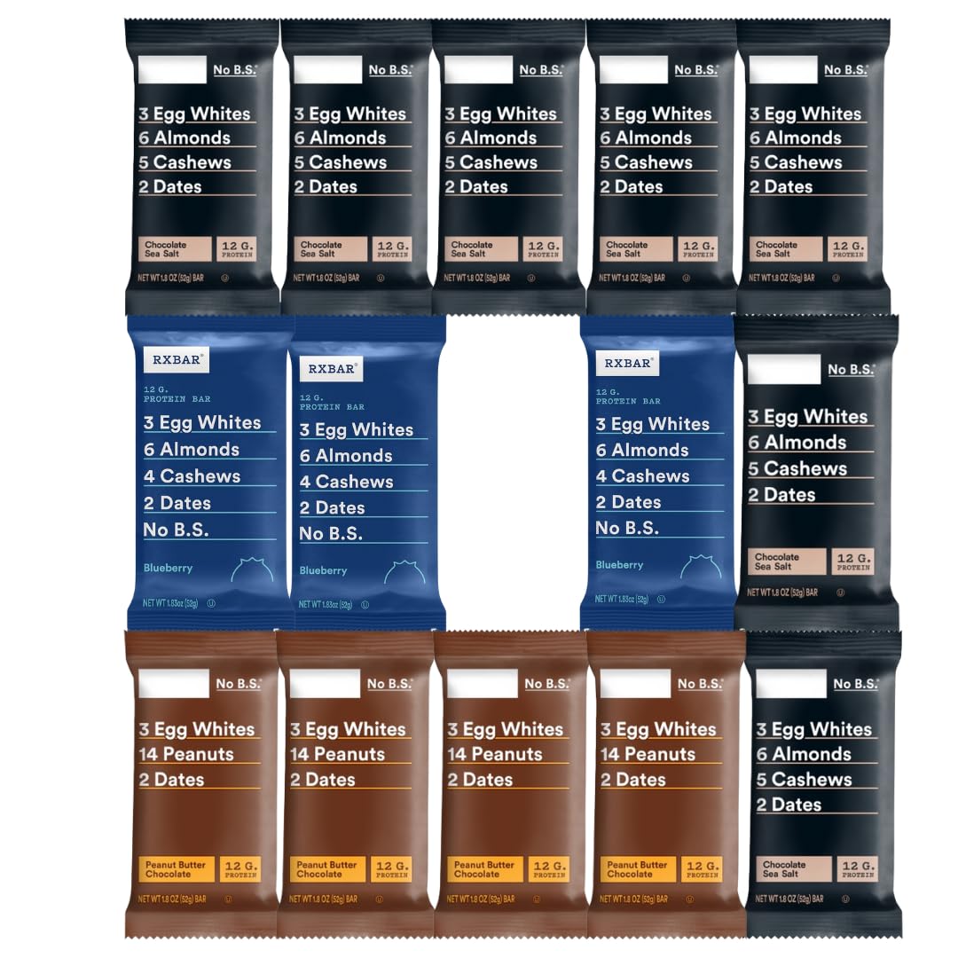 RXBAR Protein Bar Variety Pack, 14 Count - Chocolate Sea Salt, Peanut Butter Chocolate & Blueberry - Simple Ingredient Snack Bars