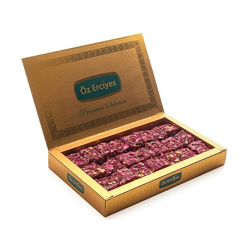 Turkish Delight with Rose Petals and Pistachio - Soft Lokum Candy, Gourmet Turkish Sweets Gift Box, Delicias Turcas, 17.6 oz (500g)