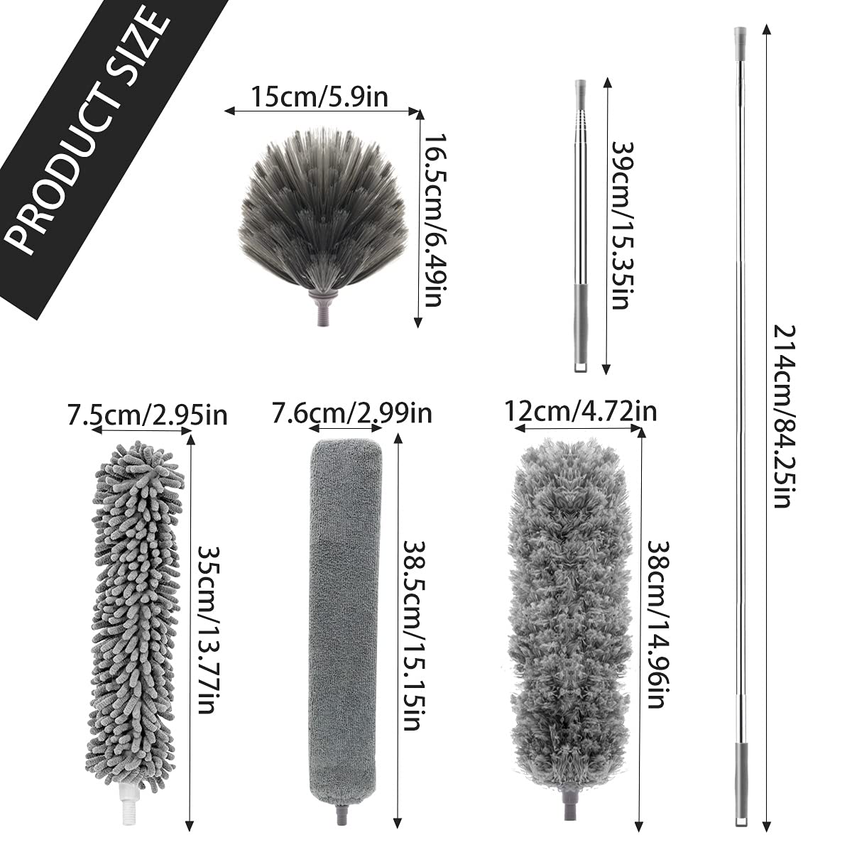 5PCS Microfiber Feather Duster,Extendable Cobweb Duster with 100 Inches Stainless Steel Reusable Bendable Washable Ceiling Fan Cleaner