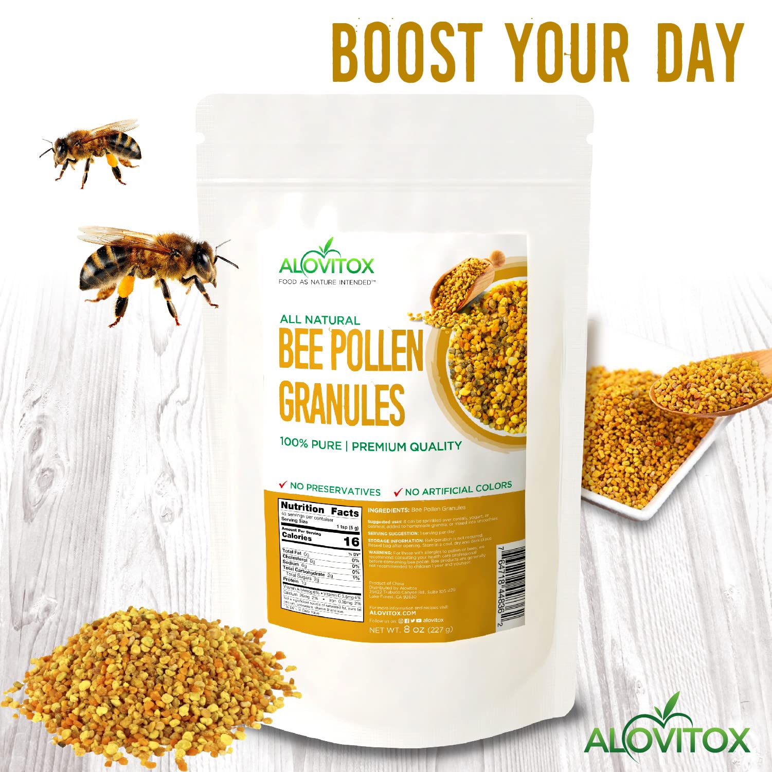 Alovitox Bee Pollen Granules 8 Oz | 100% Pure, Organic Bee Pollen for Bearded Dragons | Superfood Packed Bee Pollen Organic with Antioxidant, Protein