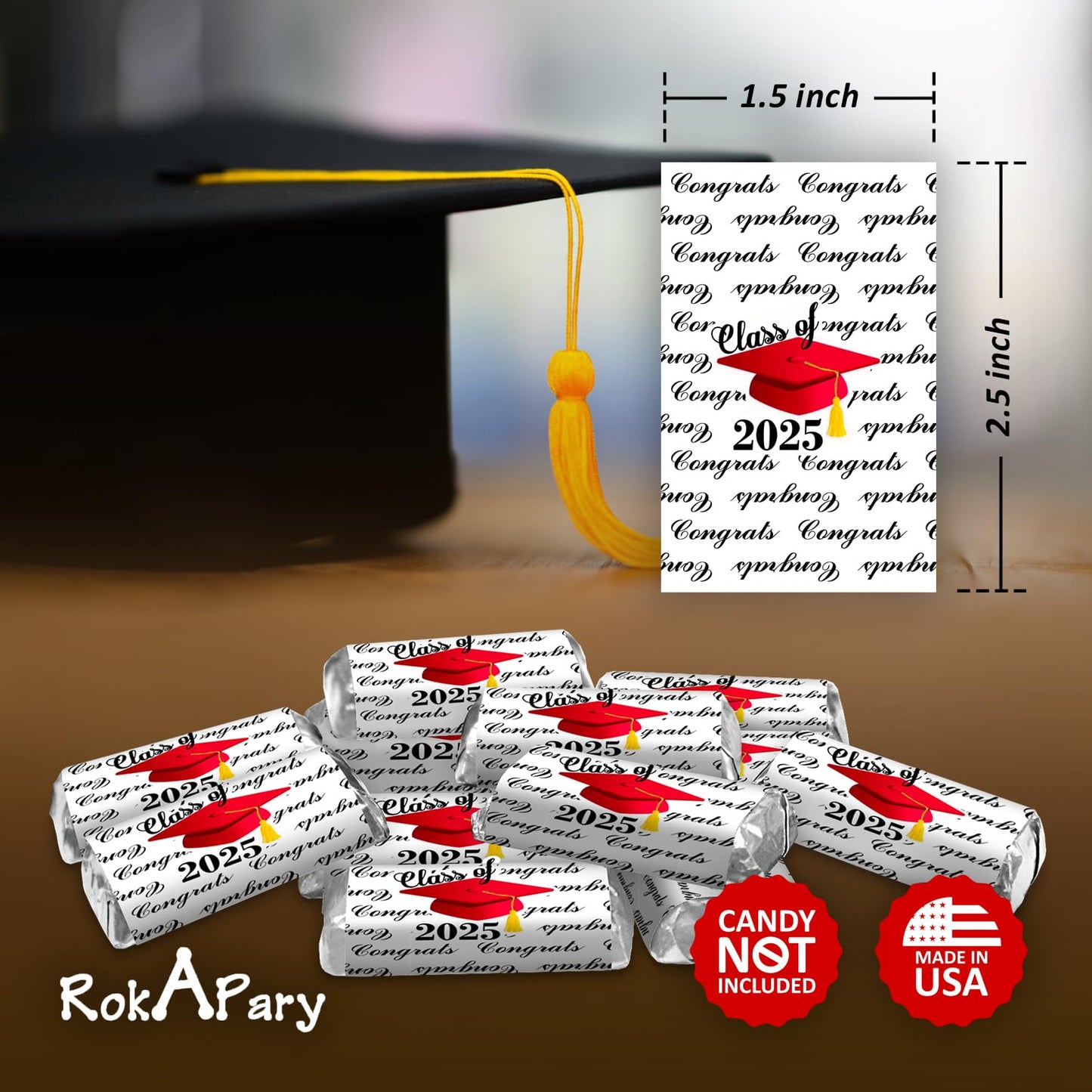 RokAPary 60 Graduation Cap Party Class of 2026 Miniatures Candy Bar Wrapper, (Set of 60) Mini Candy Chocolate Bar Stickers, Labels, Candy Not