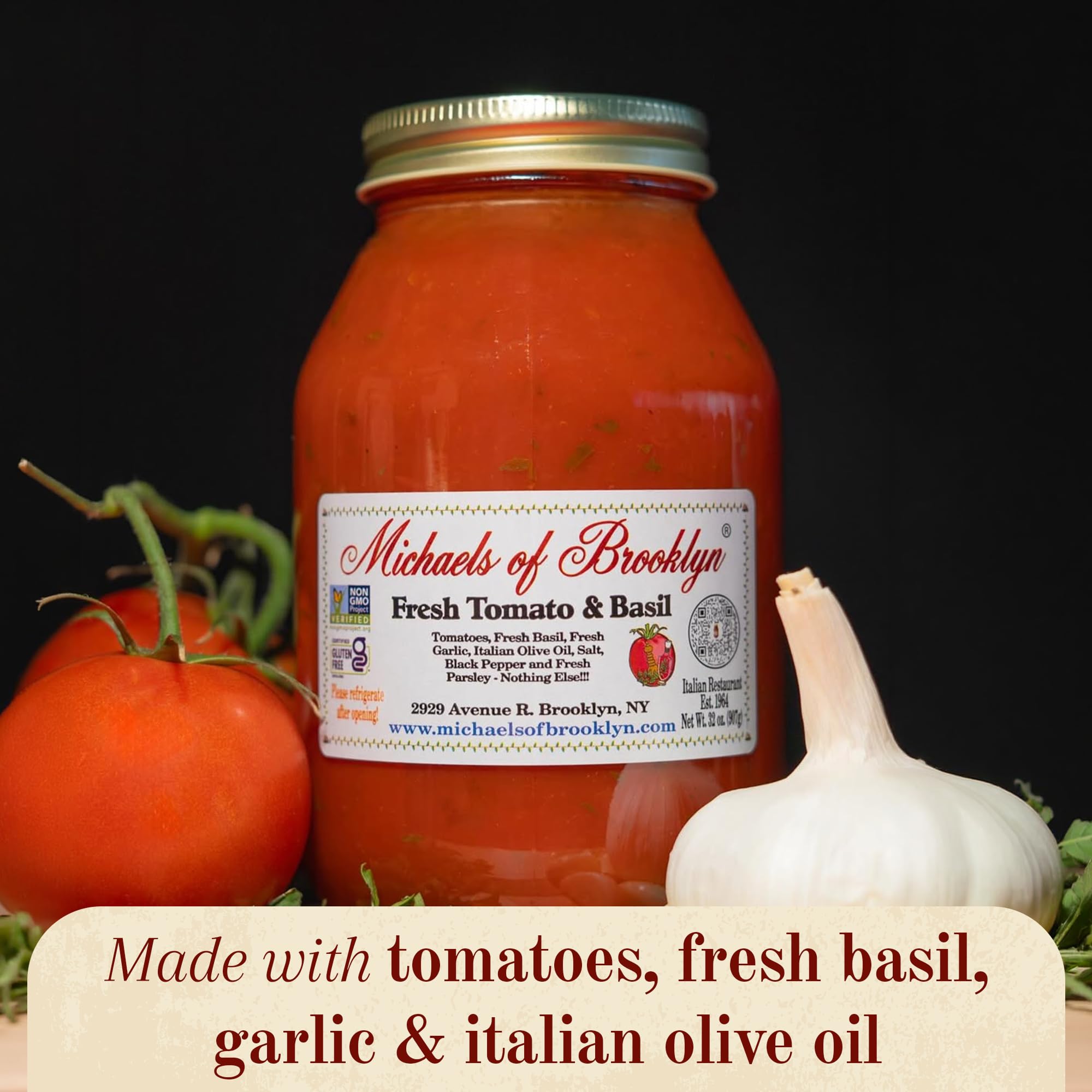 Michael's of Brooklyn Fresh Tomato & Basil Sauce, 32 oz Jar with Spoon - Gourmet Italian Pasta Sauce with Imported Italian Tomatoes, Olive Oil, Garlic