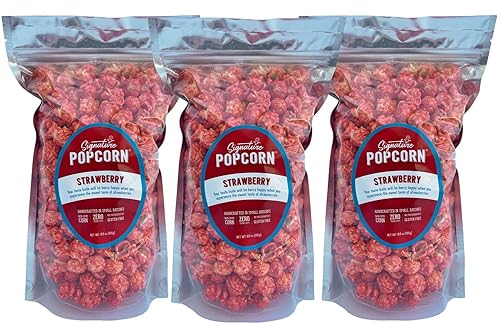 Signature Popcorn, Strawberry Popcorn Snack, 3-Pack Large Resealable Bags, Gourmet, Gluten-Free, Sweet Treat, Non-GMO, Gifts & Parties