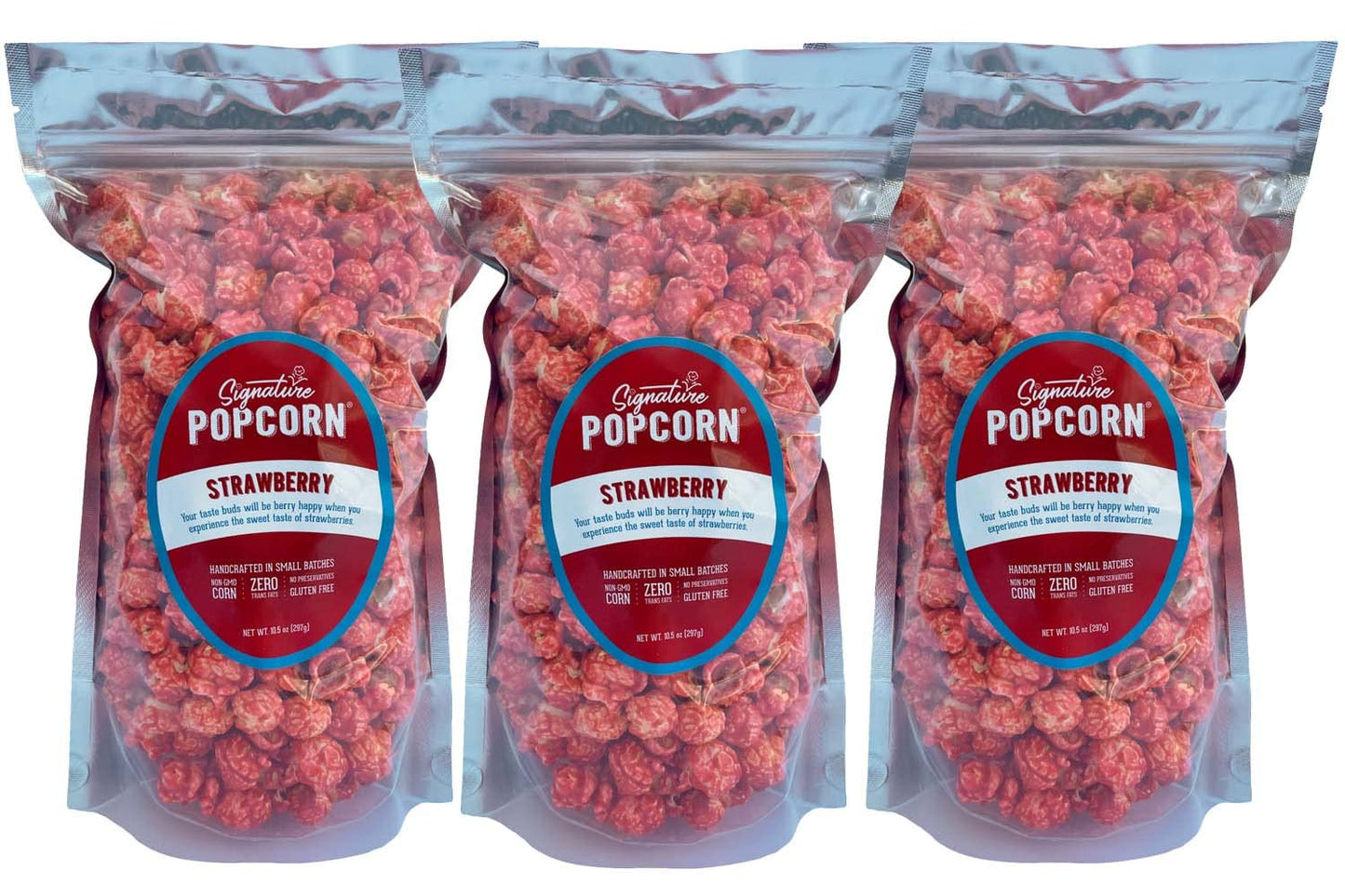 Signature Popcorn, Strawberry Popcorn Snack, 3-Pack Large Resealable Bags, Gourmet, Gluten-Free, Sweet Treat, Non-GMO, Gifts & Parties