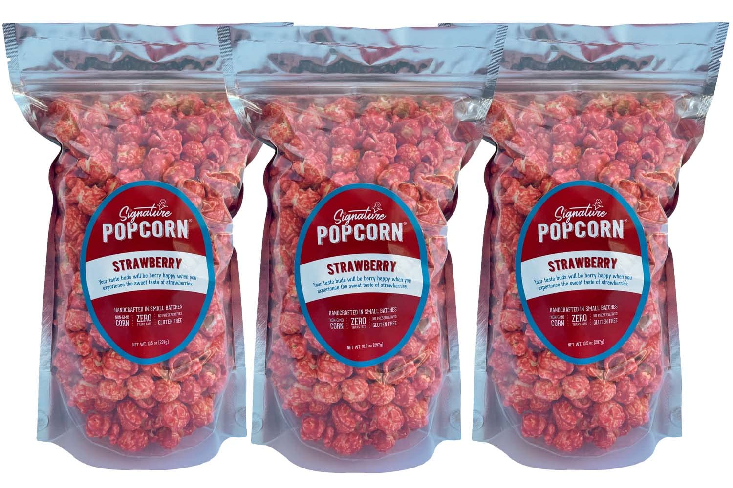Signature Popcorn, Strawberry Popcorn Snack, 3-Pack Large Resealable Bags, Gourmet, Gluten-Free, Sweet Treat, Non-GMO, Gifts & Parties