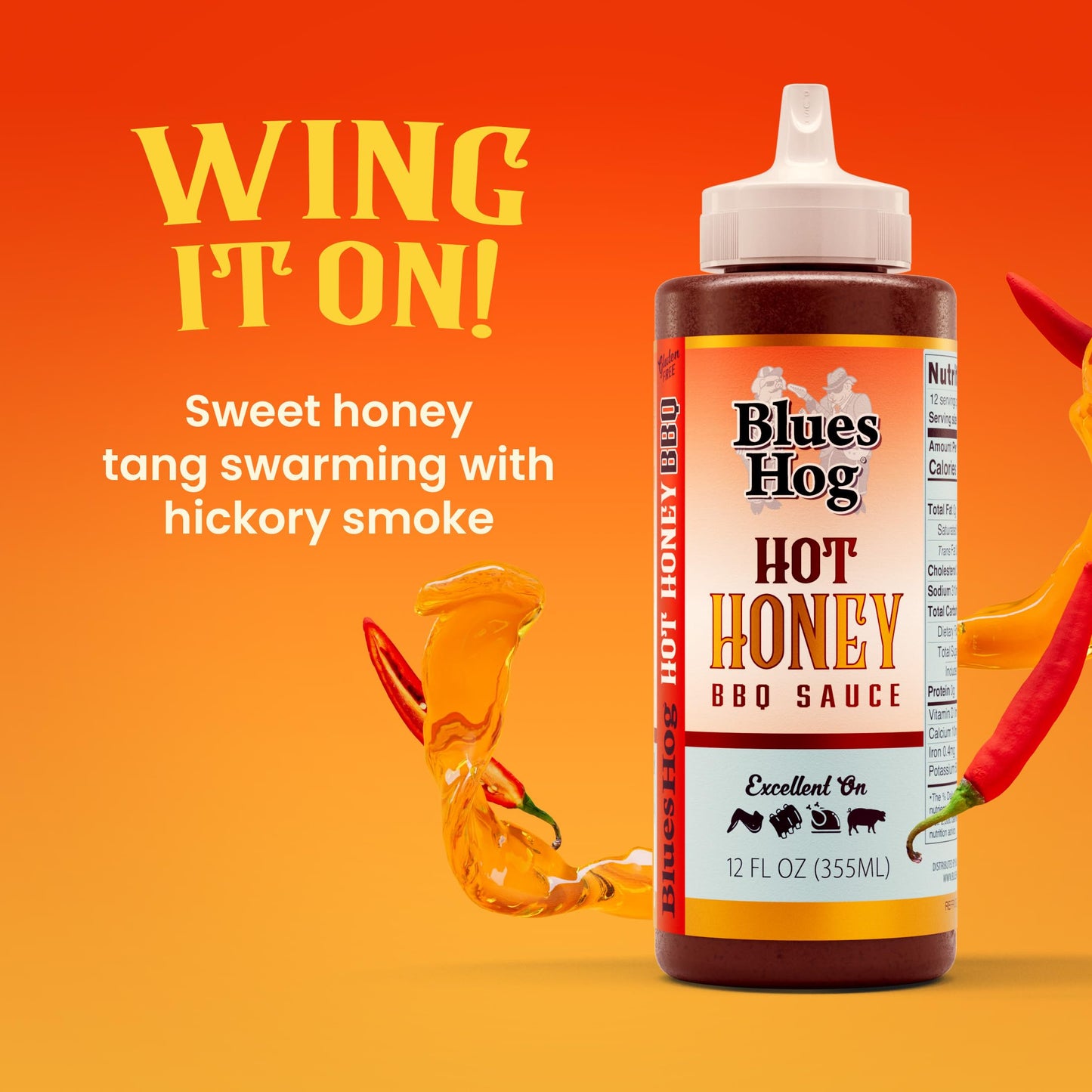 Blues Hog Hot Honey BBQ Sauce, Sweet Heat Honey BBQ Glaze for Wings, Ribs & Chicken, All-Natural, Gluten-Free, No High Fructose Corn Syrup, Made in