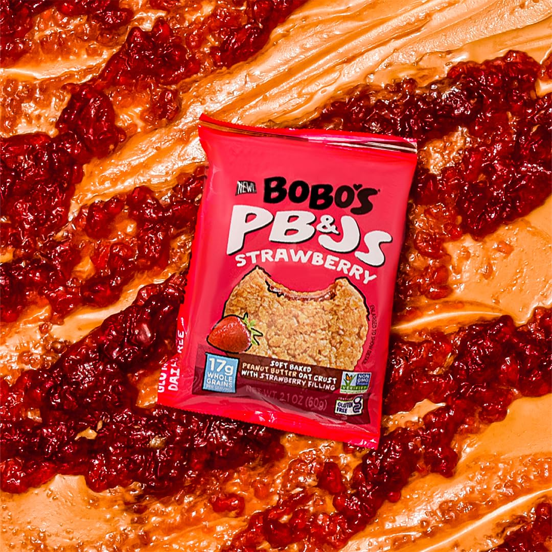 Bobo's Strawberry PB&J Oat Snacks, Simple Ingredients, Whole Grain Oats, Plant Based, Non-GMO, Gluten Free Breakfast Bars, Healthy Snacks for Adults