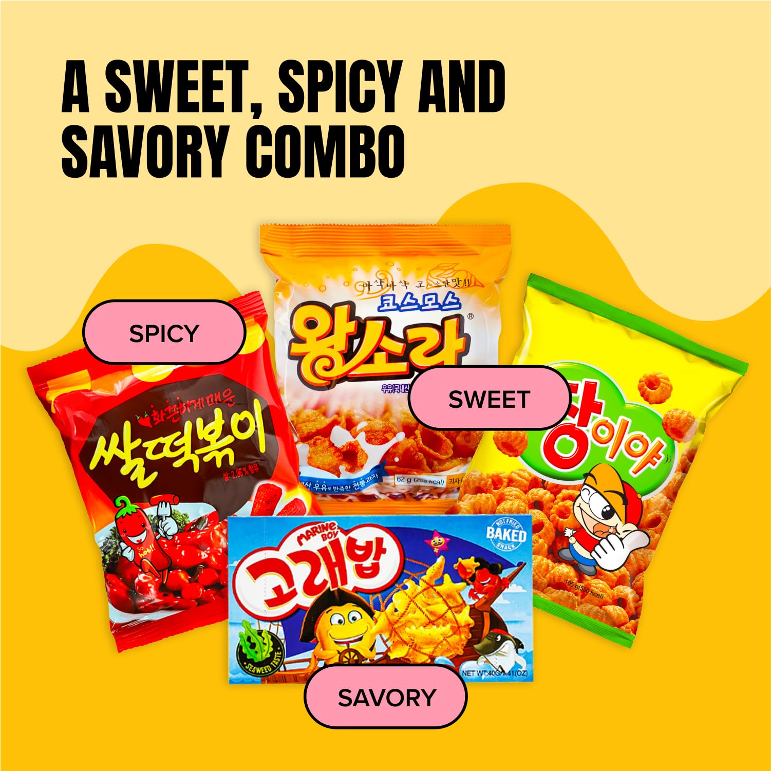 Korean 4 Snacks | Spicy Rice Tteokbokki, Jjangiya, Shell-shape Snack, Marine Boy Treats for Kids, College Students, Adults and Seniors - Journey