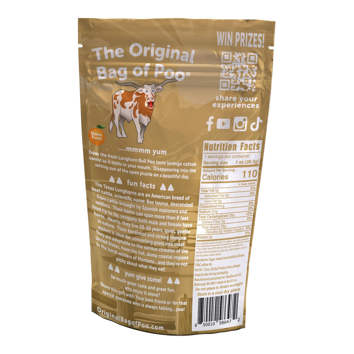The Original Bag of Poo®, Bull Poo, Orange Flavor Cotton Candy, Novelty Gag Gift with Free Sticker