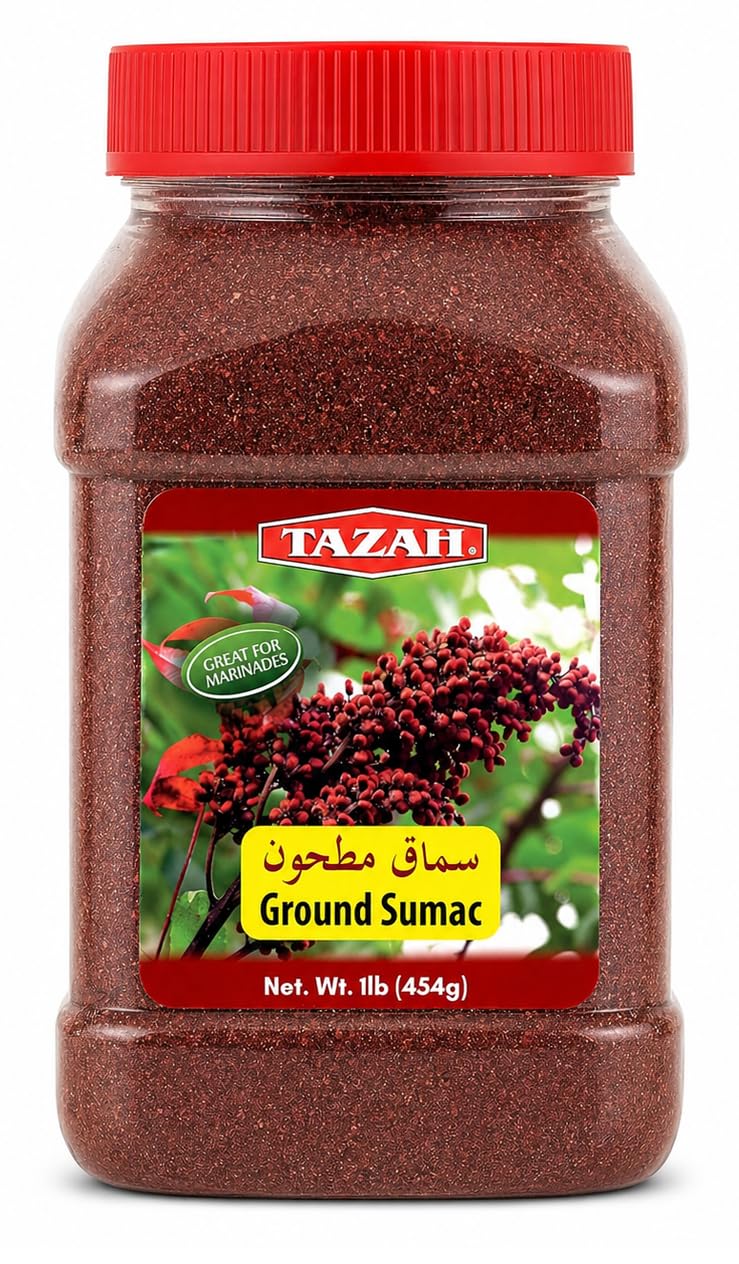 Tazah Sumac Spice 1 lb, Ground Sumac Seasoning from Jordan, Tangy Middle Eastern Spice for Mediterranean Cooking, Marinades, Kabobs, Salads and Hummus
