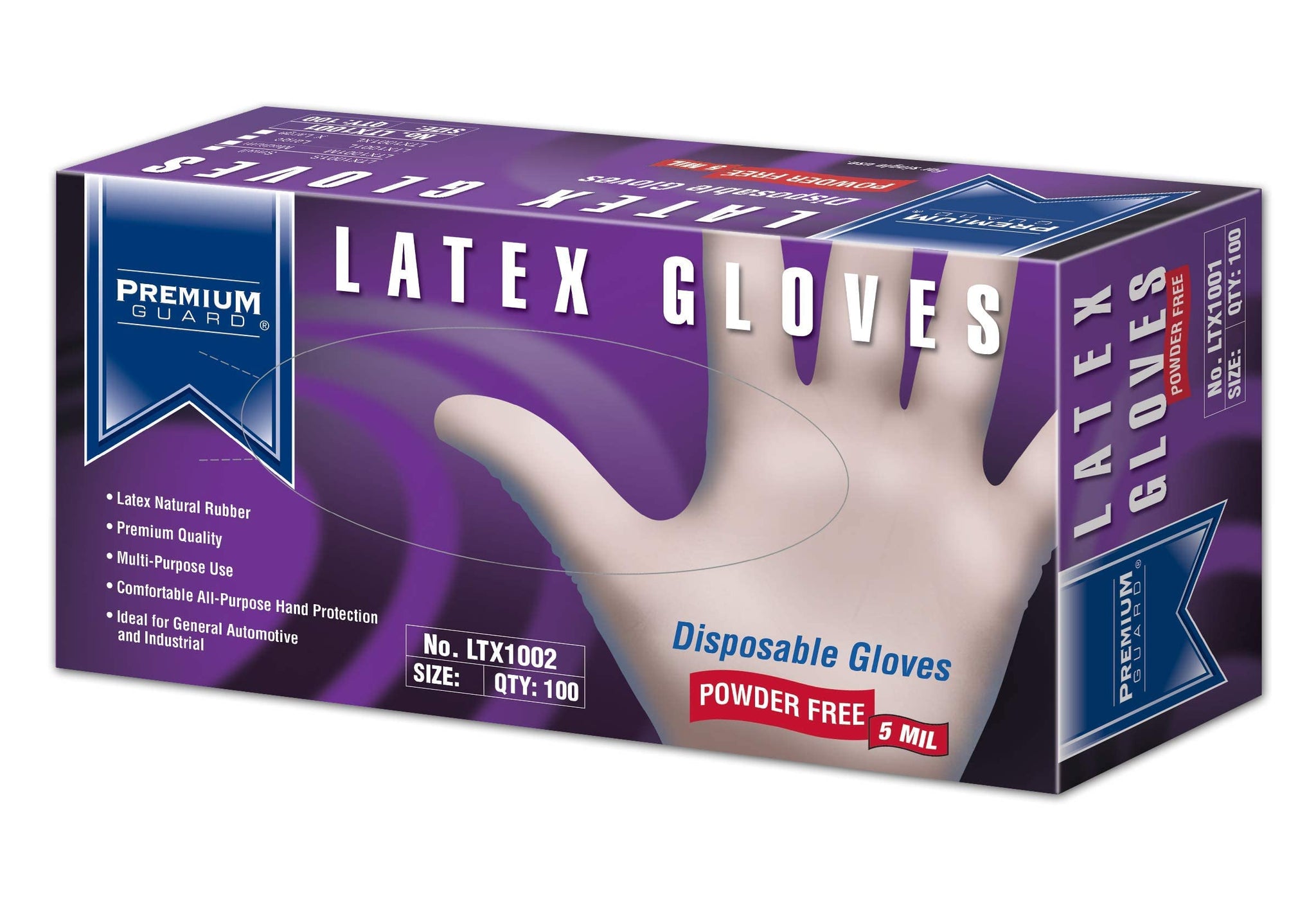 Premium Guard - Disposable Latex Gloves, Powder Free, 100 gloves per Box, Size - XL