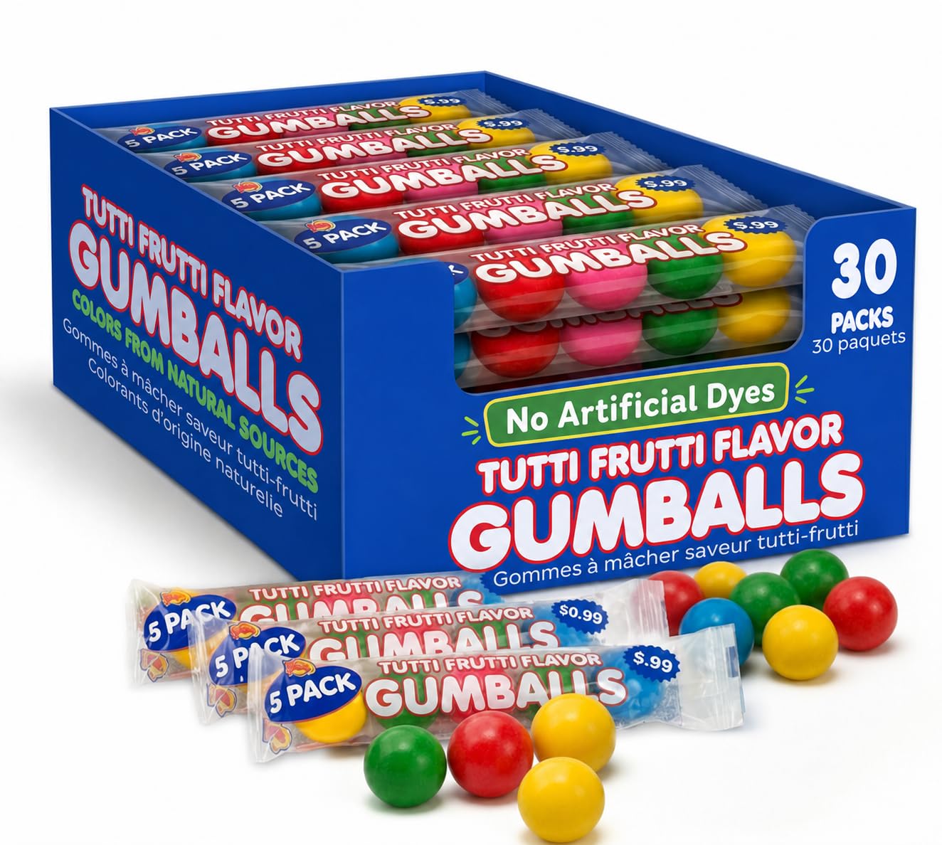Lalees Bulk Gumballs - No Artificial Dyes - Pack of 30 Tubes - Rainbow Gum Balls Tubes - Tutti Frutti Flavored - Bulk Chewing Candy for Sporting