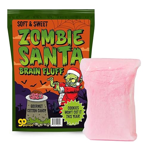 Zombie Santa Brain Fluff Cotton Candy - Gourmet Christmas Candy Gifts for Teens - Funny Gag Gift for Zombie Lovers - Pink Strawberry Flavor