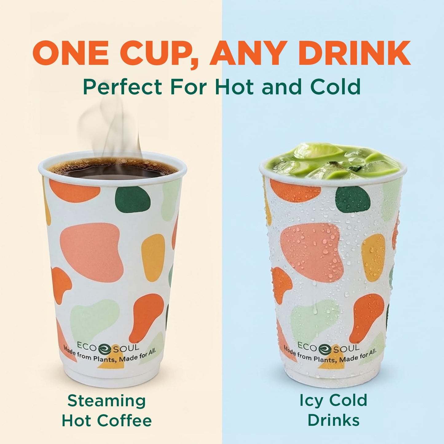 ECO SOUL 12 oz 50 Disposable Paper Cups,Hot/Cold Beverage Paper Drinking Cups, Leakproof Printed Cups for Cafe, Office, Party