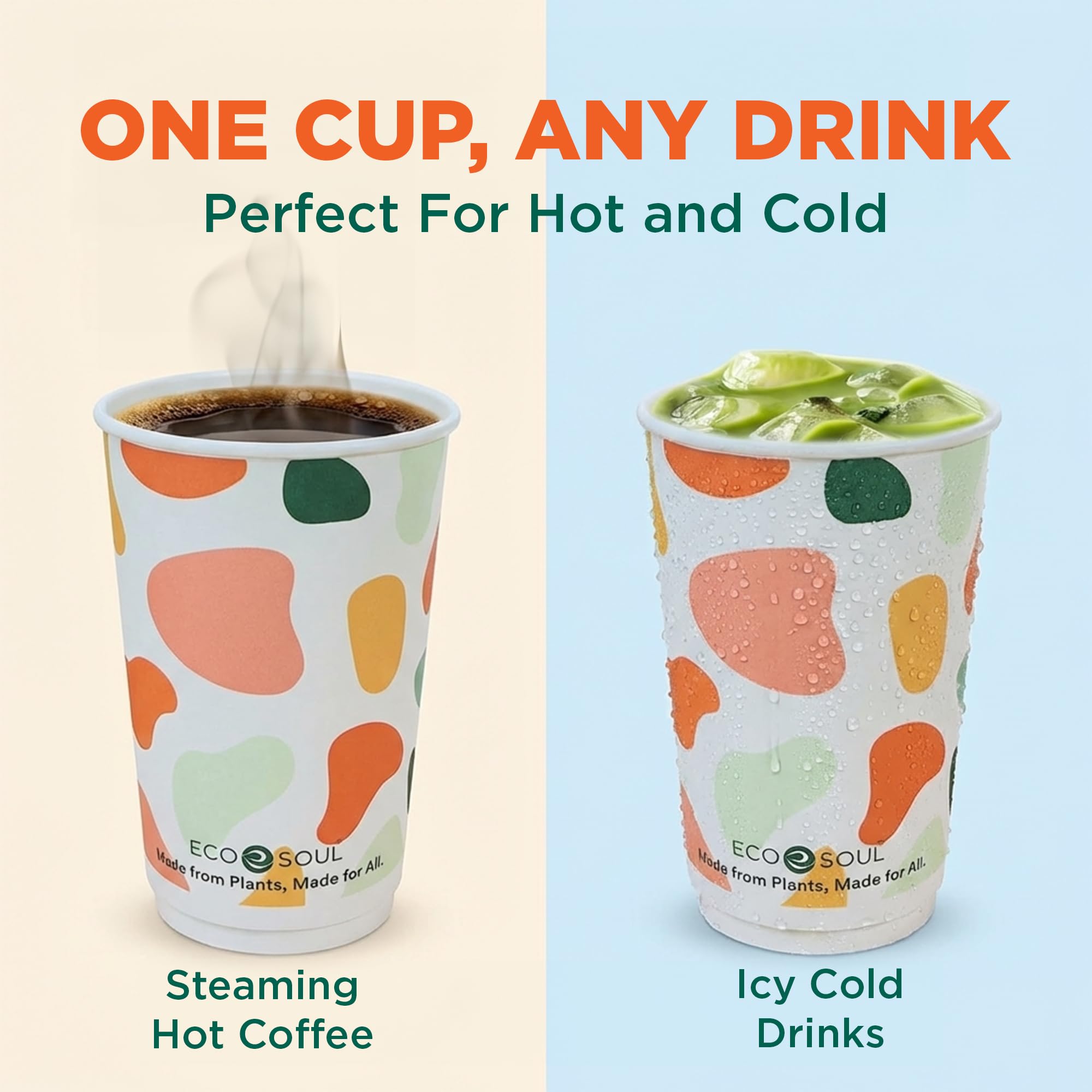 ECO SOUL 12 oz 50 Disposable Paper Cups,Hot/Cold Beverage Paper Drinking Cups, Leakproof Printed Cups for Cafe, Office, Party