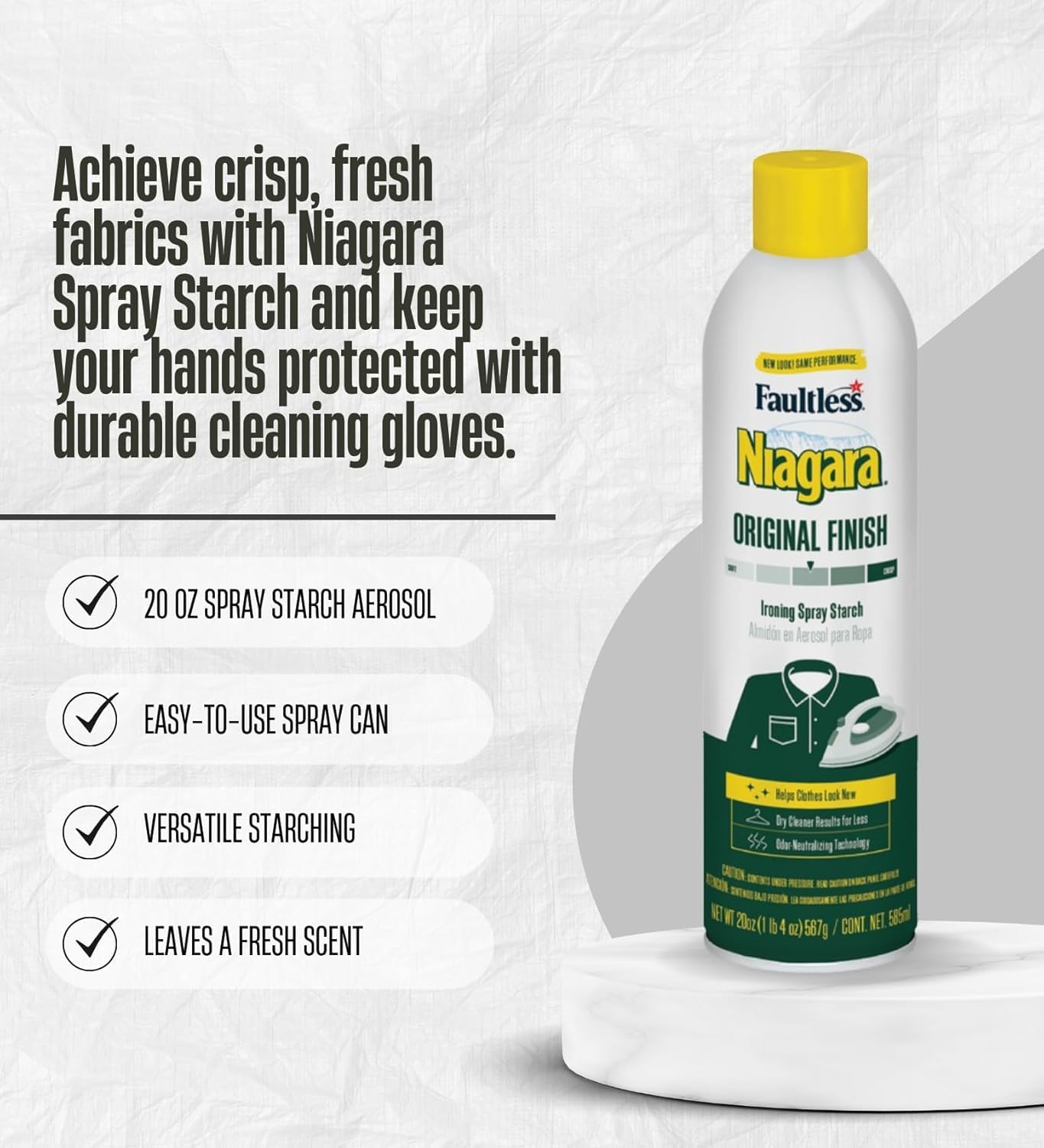Niagara Faultless Original Scent Spray Starch Aerosol 20 oz 1 pk Bundle with Cleaning Gloves - Adds Crisp Finish and Smoothness to Fabrics for Easy