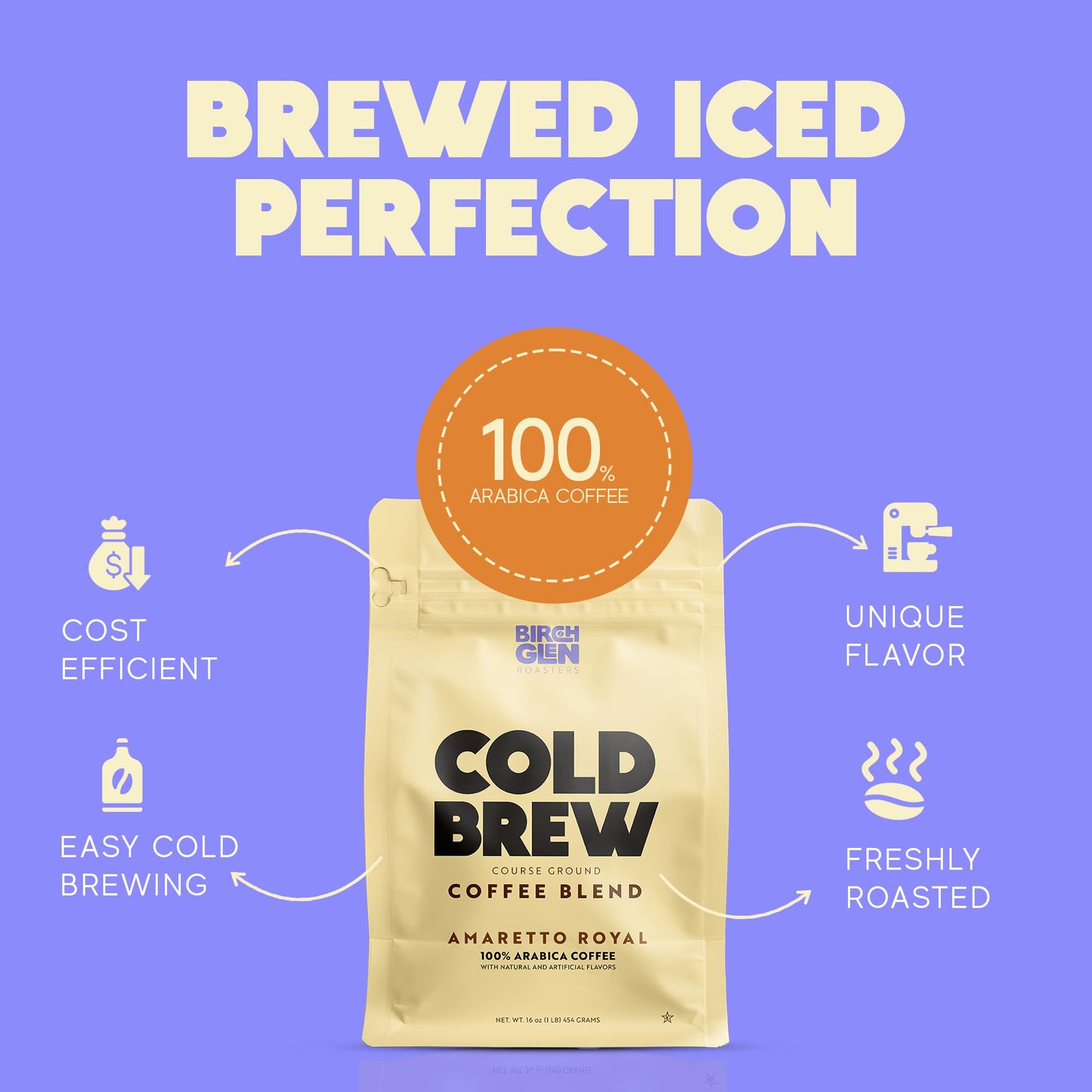 Birch Glen Roasters Cold Brew Coffee | Flavored Coarse Ground Coffee | Medium Roast | Artisanal Roasting | 100% Arabica |1 LB Bag | Amaretto Royale