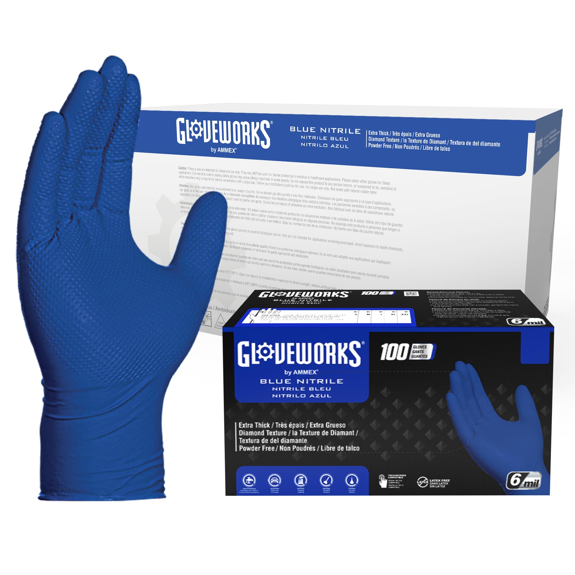 GLOVEWORKS HD Royal Blue Nitrile Gloves XXL, Latex Free Nitrile Disposable Gloves Nitrile Gloves, Case of 1000