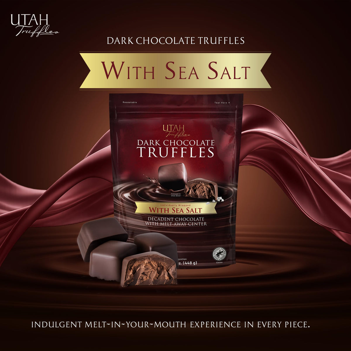 Utah Truffles Sea Salt Dark Chocolate Individually Wrapped Pouch, Naturally Gluten Free, Gourmet Smooth Creamy Natural Truffle, 16 oz (Pack of 1, Sea