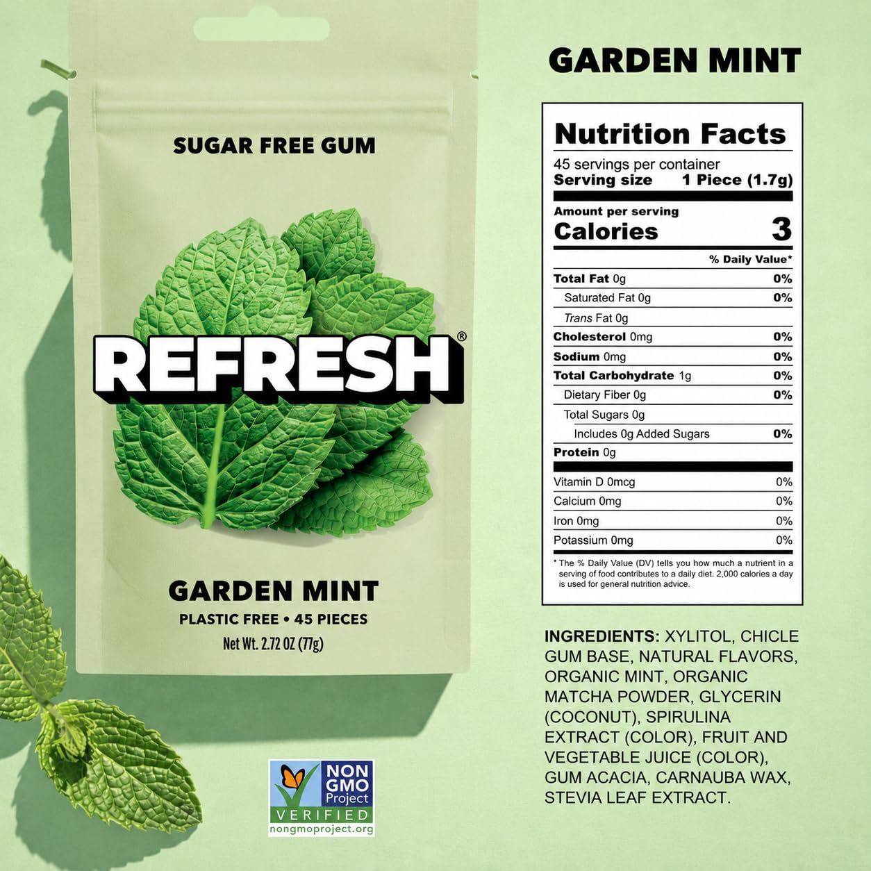 Refresh Gum, Sugar Free, Natural, Xylitol, Aspartame Free Chewing Gum, Natural Flavors & Organic Ingredients, Plastic Free, Non GMO, Gluten Free