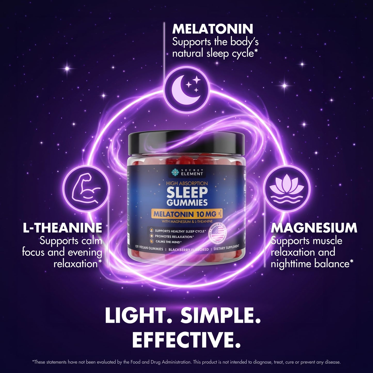 Blackberry Gummies Melatonin 10mg, Magnesium & L-Theanine - Vegan, Non-GMO, Sugar Free
