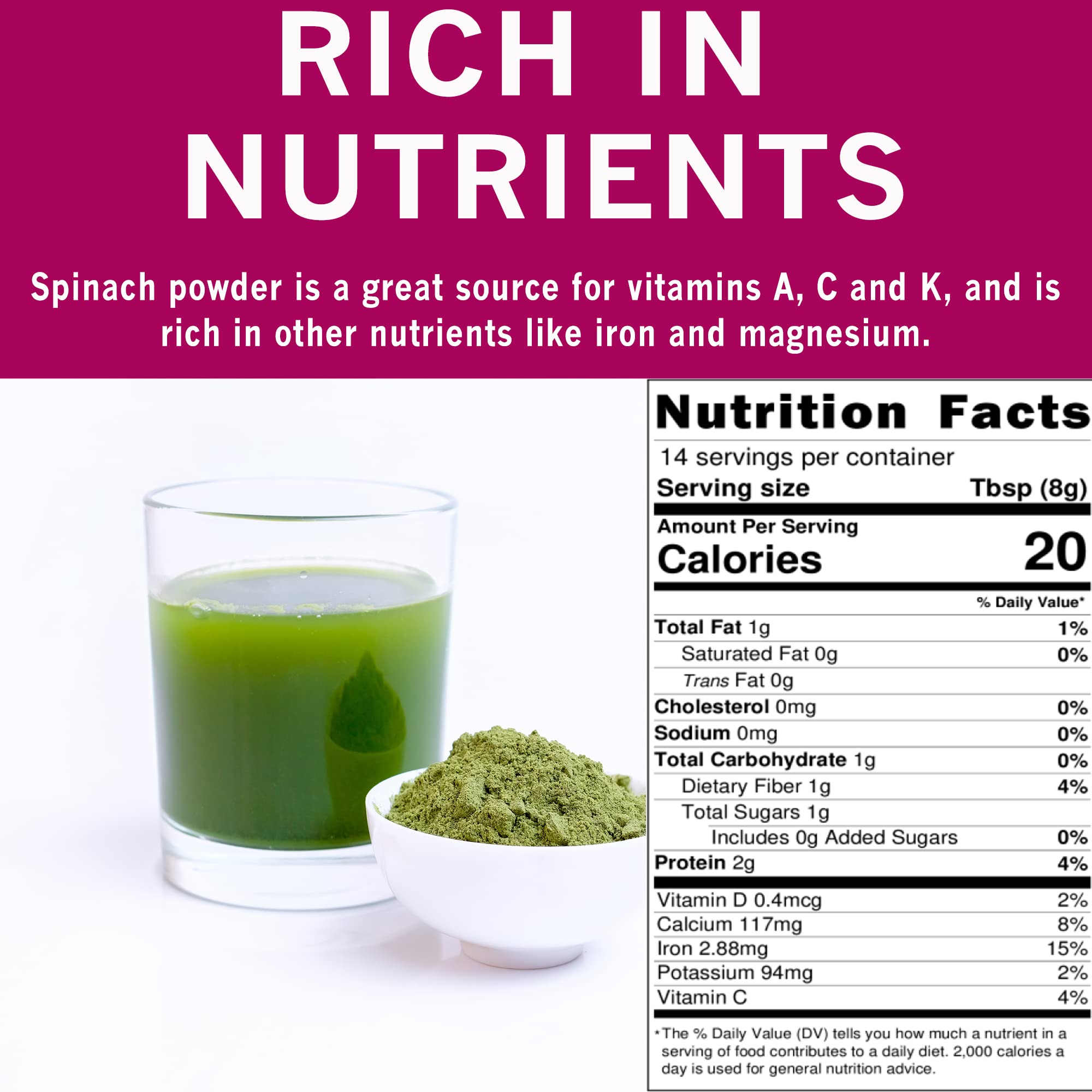 SPICES VILLAGE Dried Spinach Powder, 4 oz, Natural Ground Spinach Leafs, Whole Leaf Spinach Powder, Kosher, Gluten Free, Vegan, Non GMO, Resealable