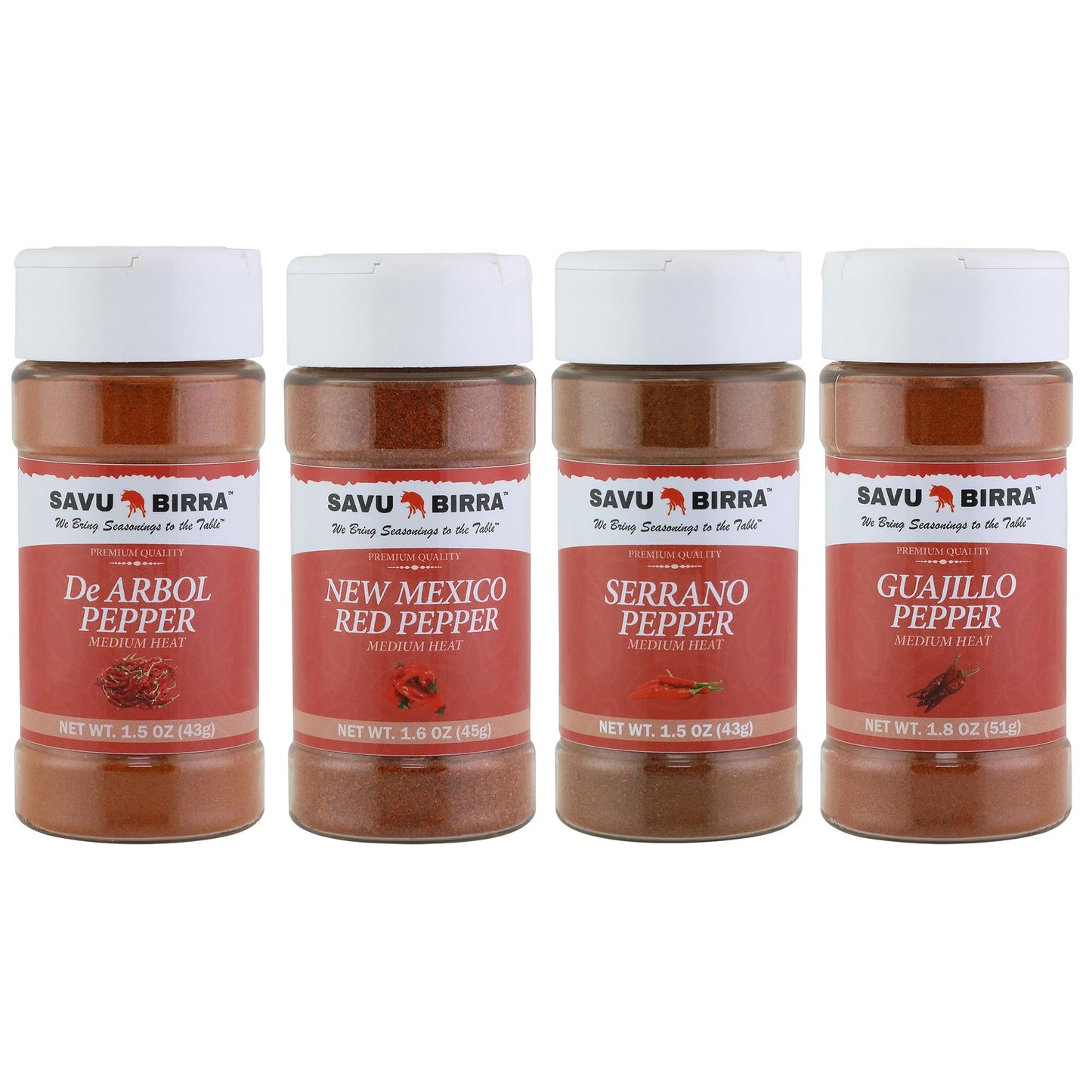 Savu Birra Gourmet Chile Pepper 4 Pack, De Arbol, Serrano, New Mexico Red & Guajillo Chile Pepper Powder