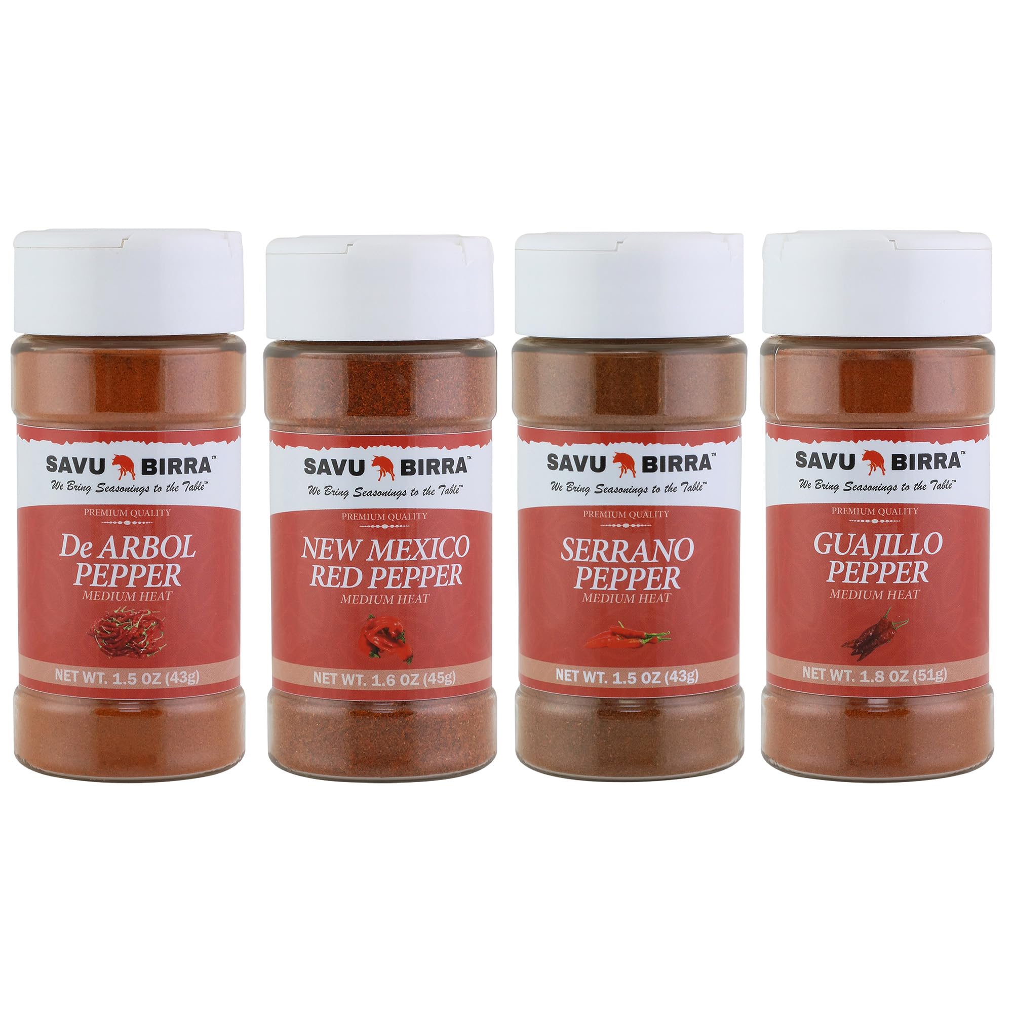 Savu Birra Gourmet Chile Pepper 4 Pack, De Arbol, Serrano, New Mexico Red & Guajillo Chile Pepper Powder