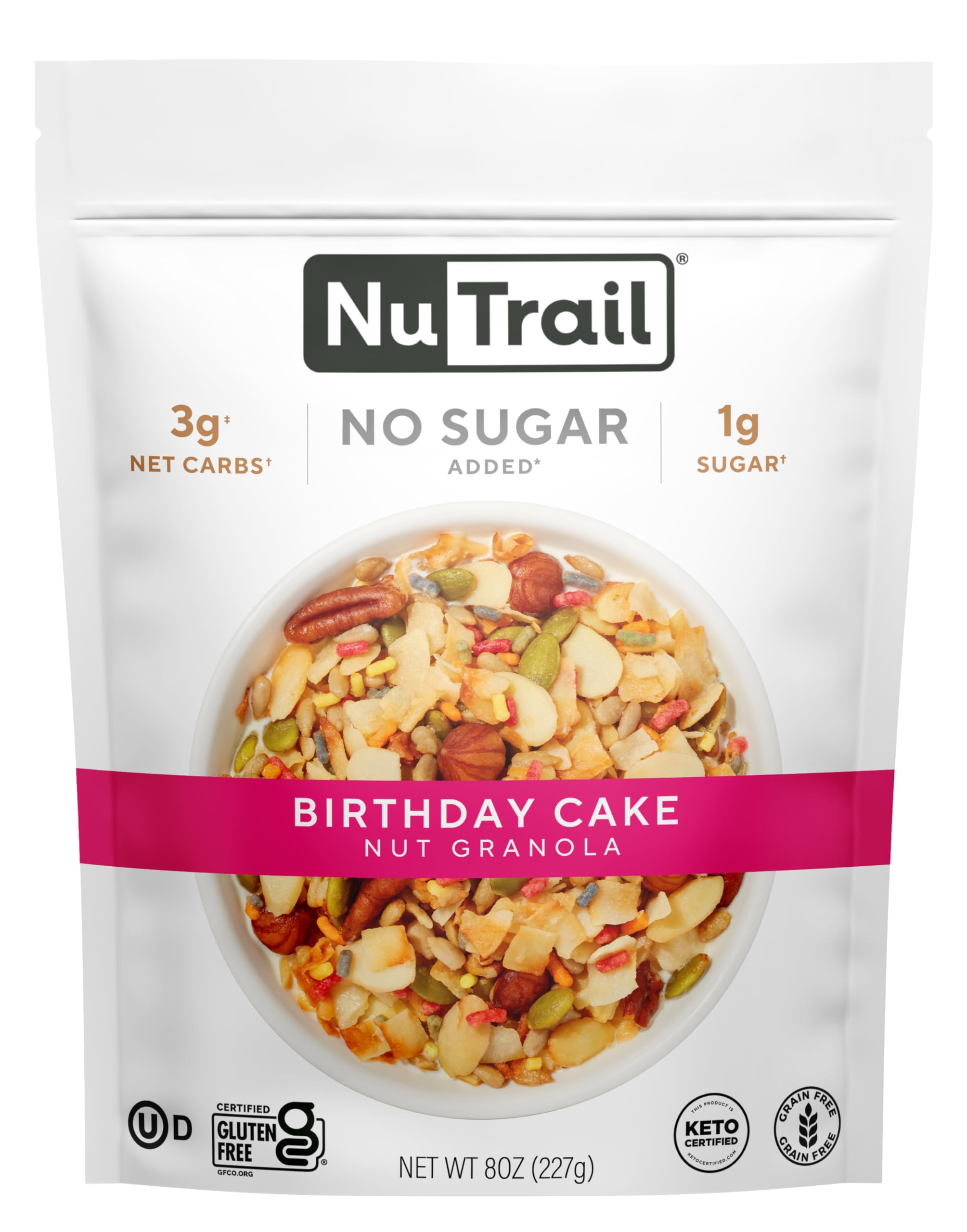 NuTrail Nut Granola Cereal, Birthday Cake, No Sugar Added, Keto, Low Carb, Gluten Free, Grain Free, Healthy Breakfast 8 oz. 1 Count