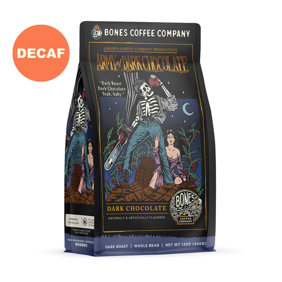 Bones Coffee Company Decaf Army Of Dark Chocolate Flavored Coffee, Dark Roast Low Acid Coffee,12 Oz Whole Bean
