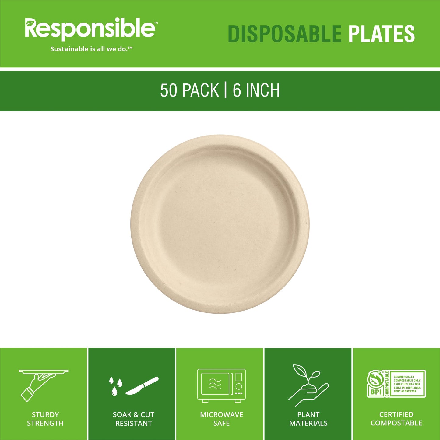 Responsible Products 100% Compostable 6 Inch Paper Plates Brown (50 Pack), Disposable Plates Heavy Duty, Paper Dinner Plates, Dessert Plates, Made