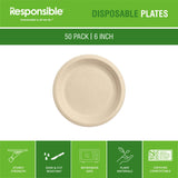 Responsible Products 100% Compostable 6 Inch Paper Plates Brown (50 Pack), Disposable Plates Heavy Duty, Paper Dinner Plates, Dessert Plates, Made