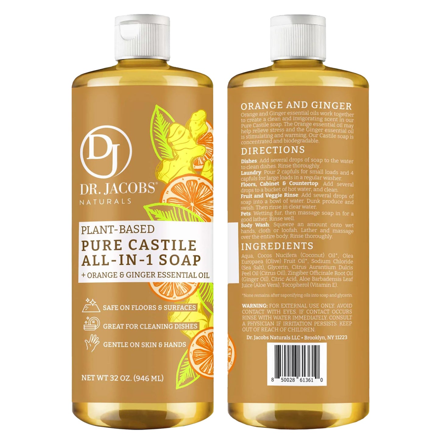 Dr. Jacobs Naturals Orange & Ginger Castile All-In-One Cleaner and Soap - Plant-Based Formula for House Cleaning Floors and Appliances - Gentle on