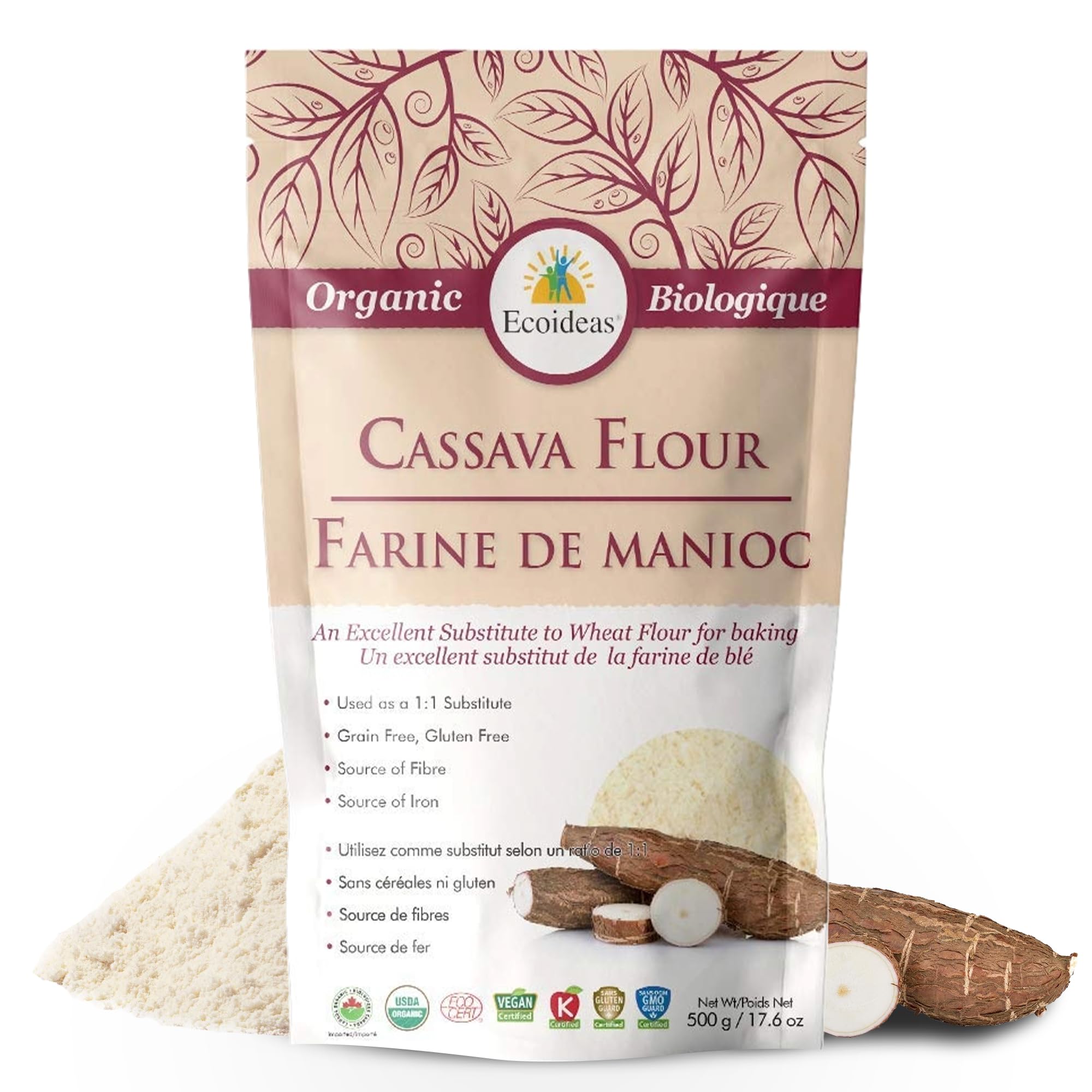 Ecoideas Organic Cassava Flour 500g - Gluten-Free, Grain-Free, Non-GMO - Ideal for Baking and Cooking - High Fiber, Iron-Rich, Perfect for Healthy