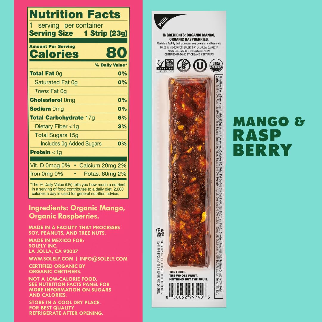 SOLELY - Organic Mango Raspberry Fruit Jerky - 1 Individually Wrapped Fruit Strip - Fruit Leather - Healthy Snacks for Adults & Kids - Non GMO, Vegan